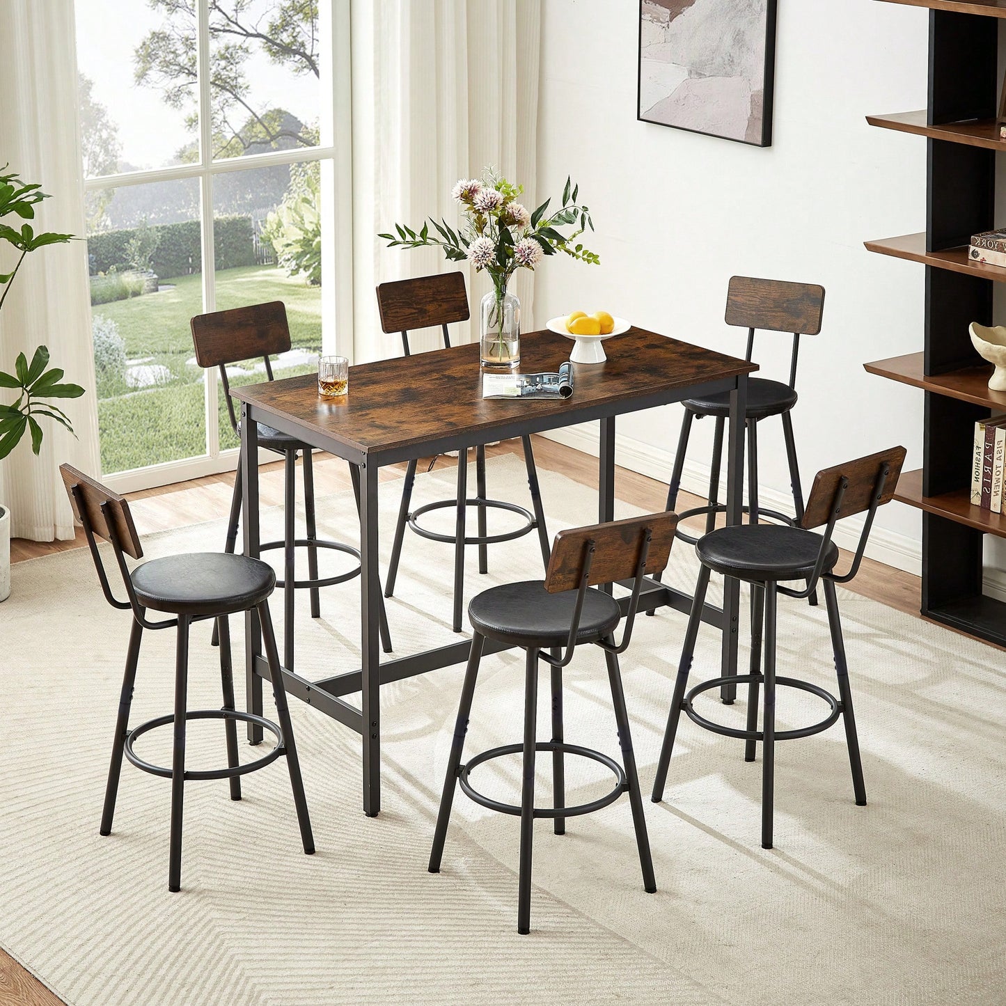 Industrial Style 7 Piece Pub High Dining Set With Rustic Grey Table And 6 PU Leather Bar Chairs For Kitchen And Living Room