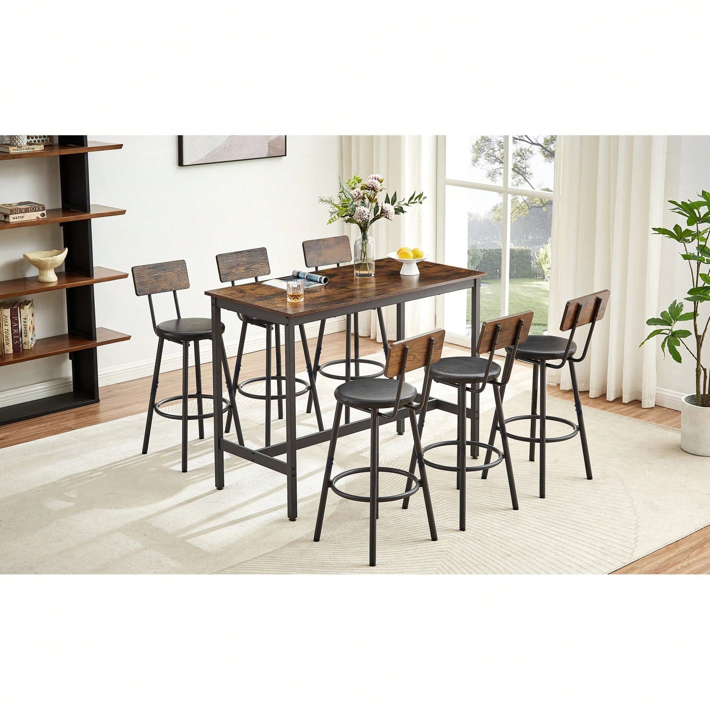 Industrial Style 7 Piece Pub High Dining Set With Rustic Grey Table And 6 PU Leather Bar Chairs For Kitchen And Living Room