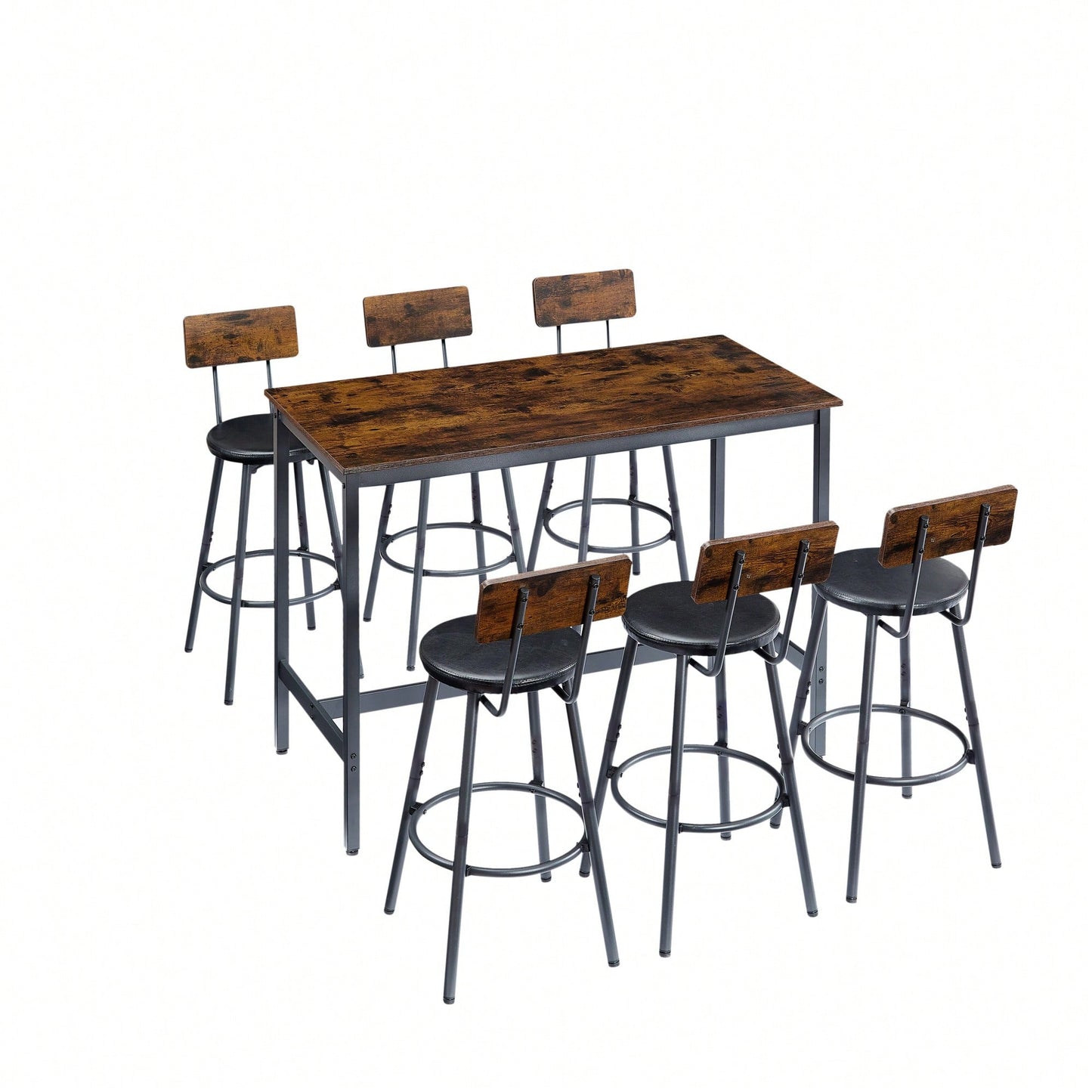 Industrial Style 7 Piece Pub High Dining Set With Rustic Grey Table And 6 PU Leather Bar Chairs For Kitchen And Living Room