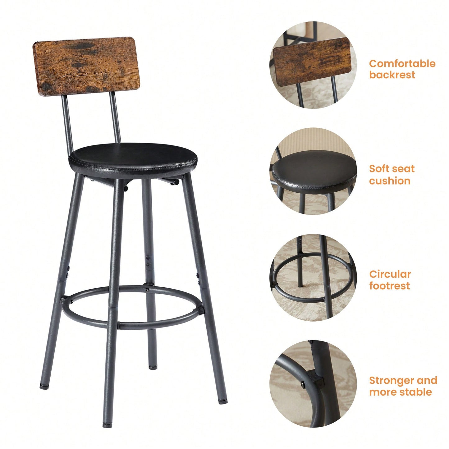 Industrial Style 7 Piece Pub High Dining Set With Rustic Grey Table And 6 PU Leather Bar Chairs For Kitchen And Living Room