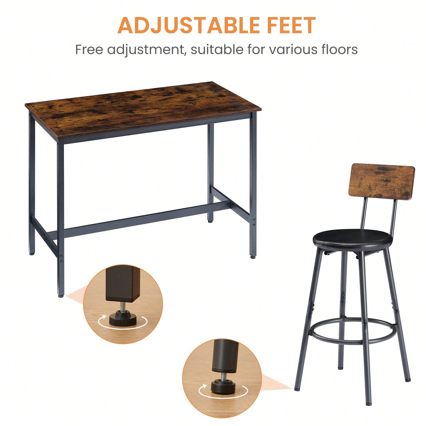 Industrial Style 7 Piece Pub High Dining Set With Rustic Grey Table And 6 PU Leather Bar Chairs For Kitchen And Living Room