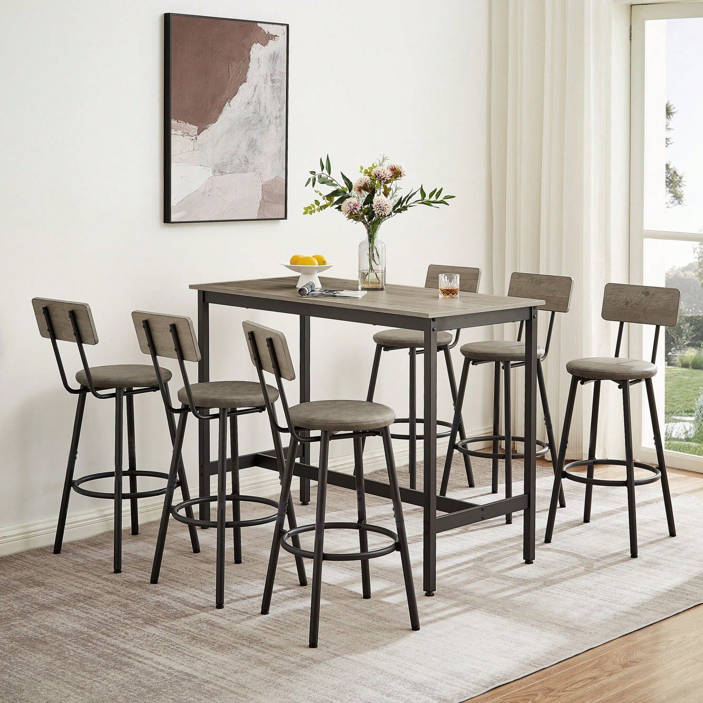 Industrial Style 7 Piece Pub High Dining Set With Rustic Grey Table And 6 PU Leather Bar Chairs For Kitchen And Living Room
