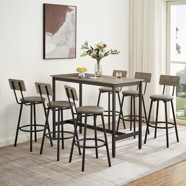 Industrial Style 7 Piece Pub High Dining Set With Rustic Grey Table And 6 PU Leather Bar Chairs For Kitchen And Living Room