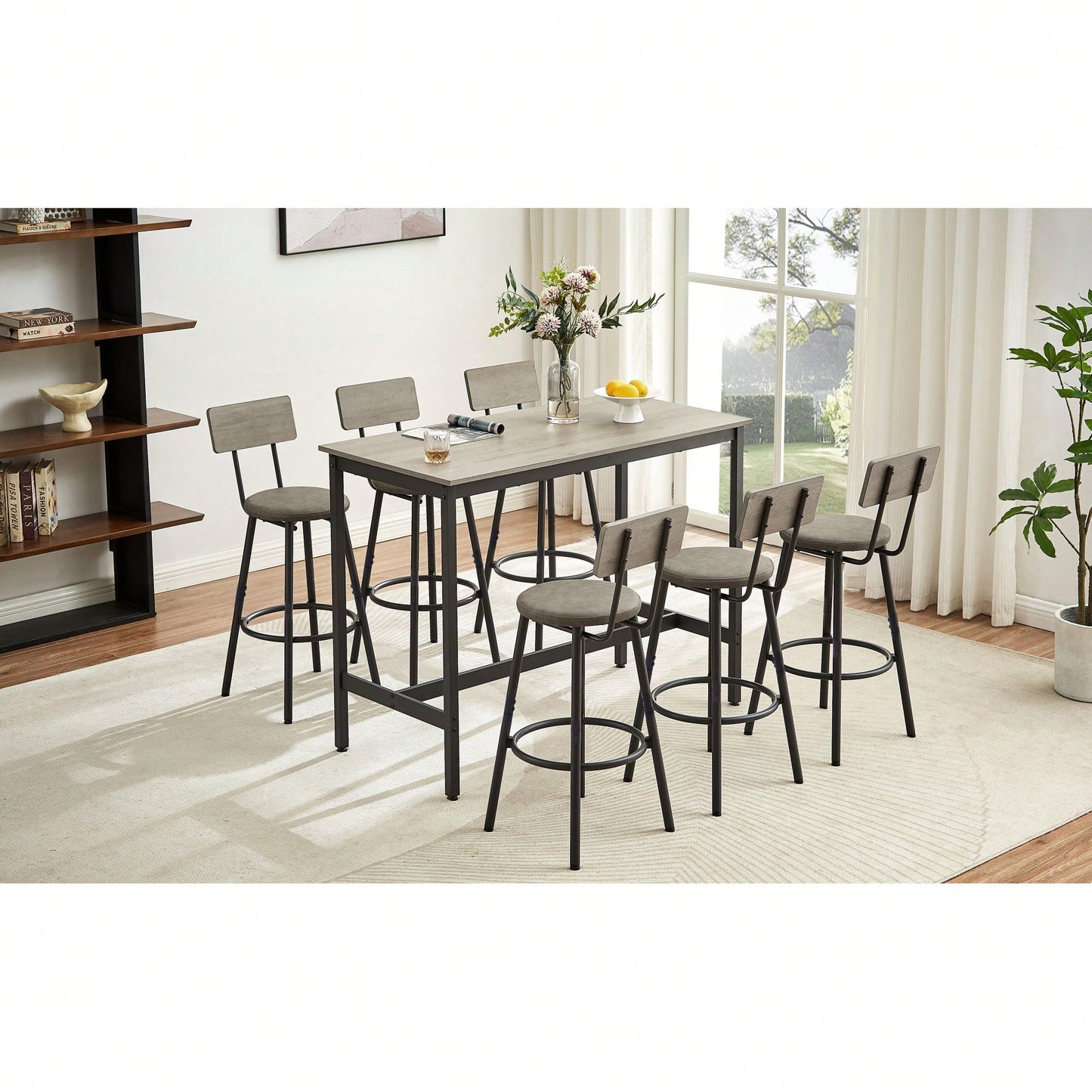 Industrial Style 7 Piece Pub High Dining Set With Rustic Grey Table And 6 PU Leather Bar Chairs For Kitchen And Living Room