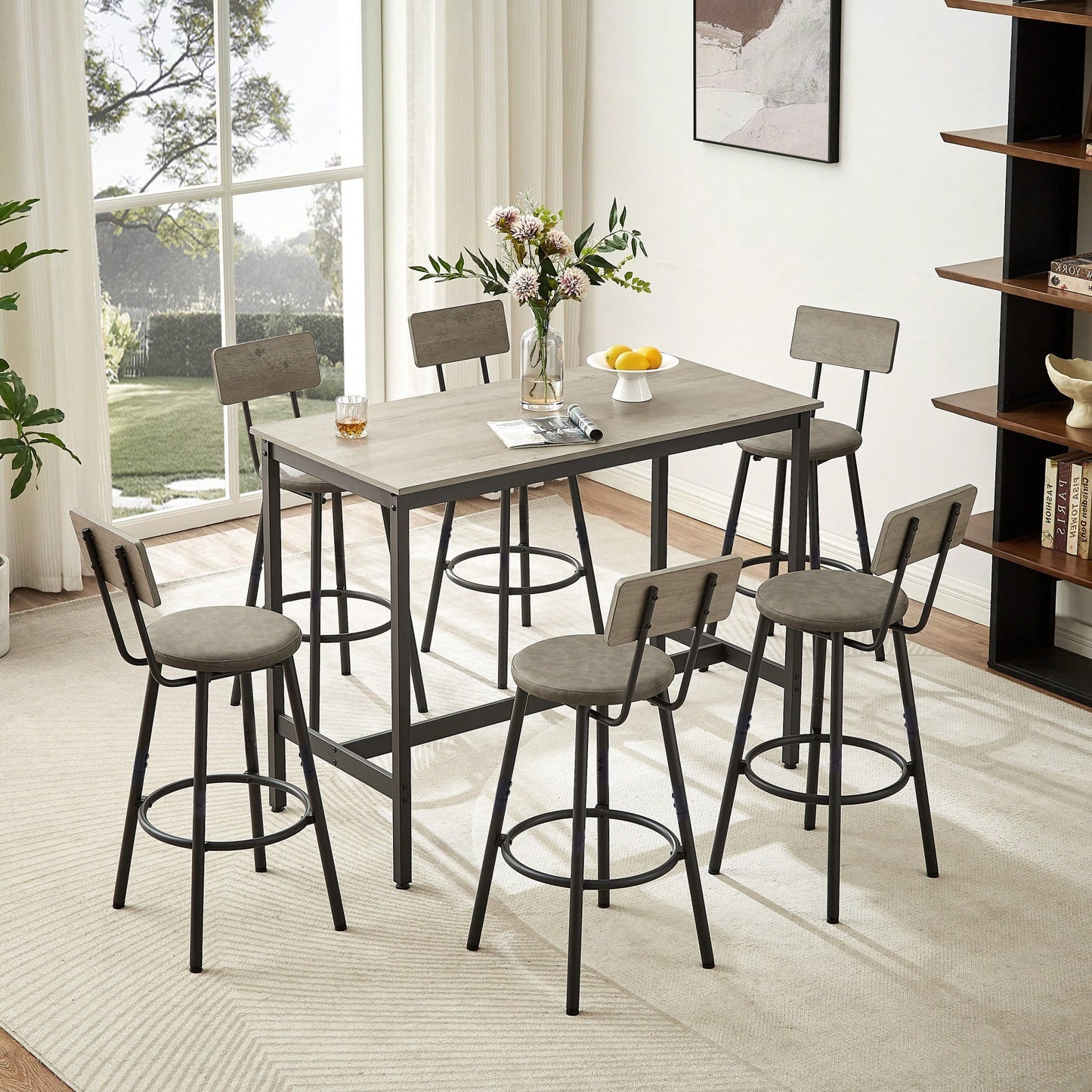 Industrial Style 7 Piece Pub High Dining Set With Rustic Grey Table And 6 PU Leather Bar Chairs For Kitchen And Living Room