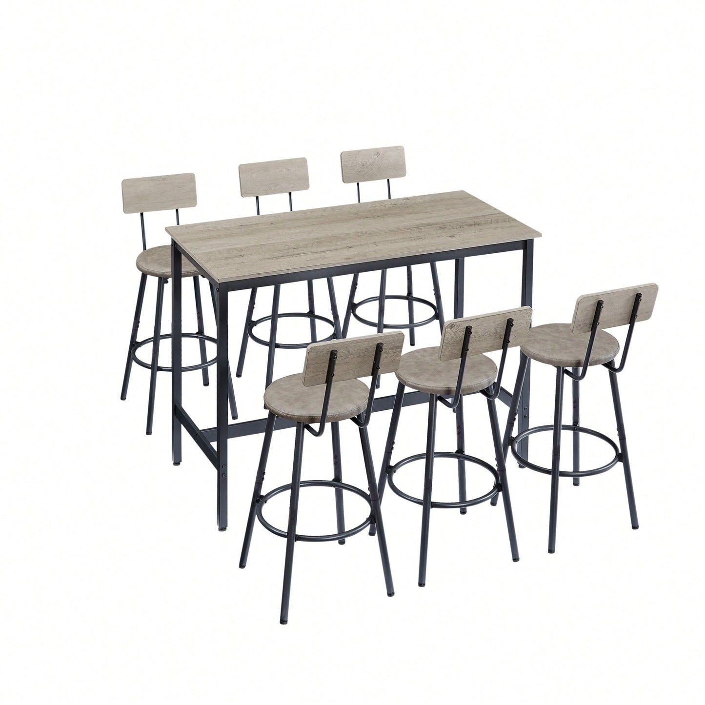 Industrial Style 7 Piece Pub High Dining Set With Rustic Grey Table And 6 PU Leather Bar Chairs For Kitchen And Living Room