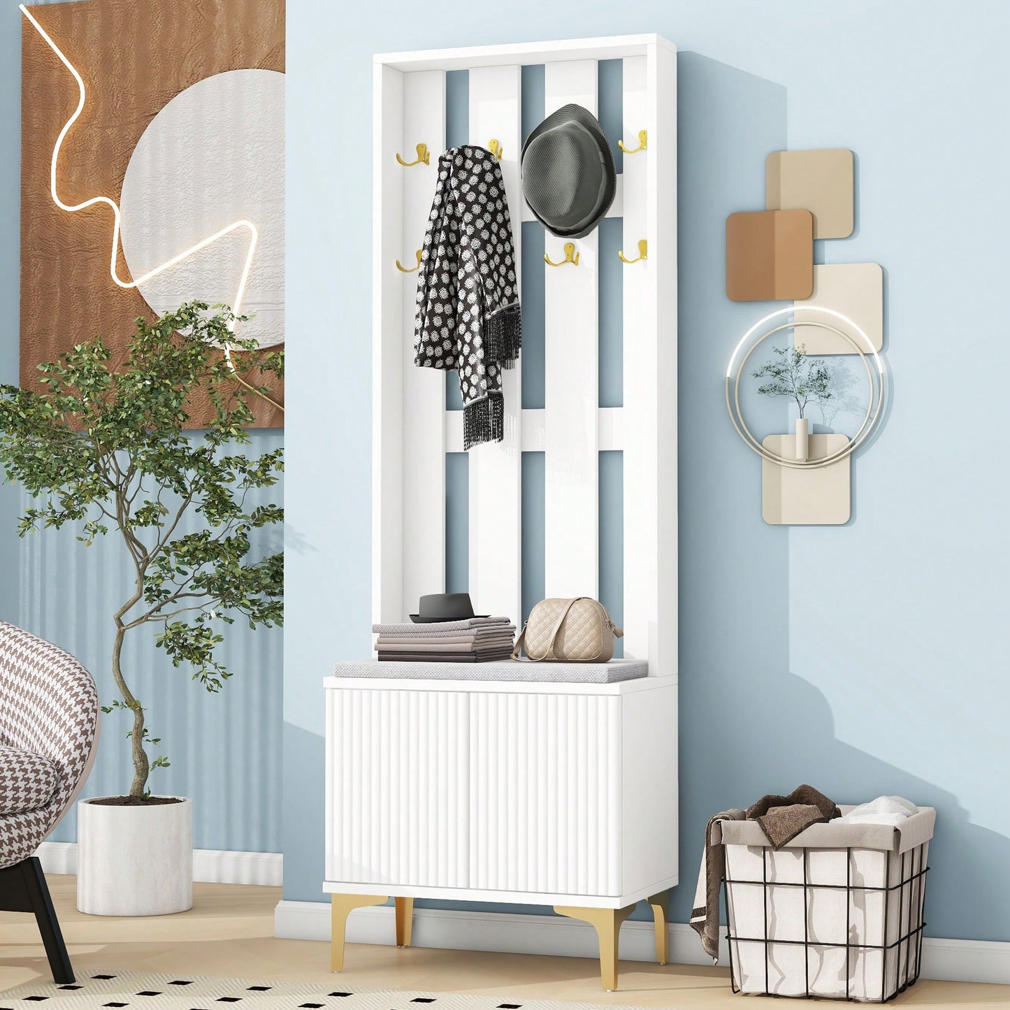 Modern Luxury 4-in-1 Hall Tree Entryway Bench with Cushion Adjustable Shelves Fluted Doors Coat Rack and 8 Gold Hooks Black