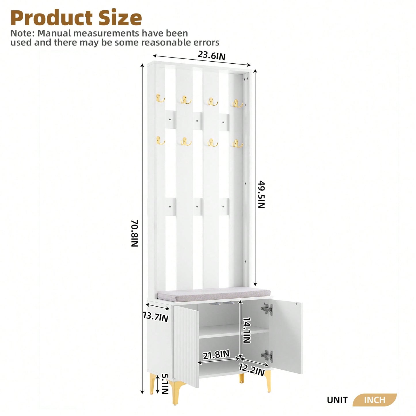 Modern Luxury 4-in-1 Hall Tree Entryway Bench with Cushion Adjustable Shelves Fluted Doors Coat Rack and 8 Gold Hooks Black
