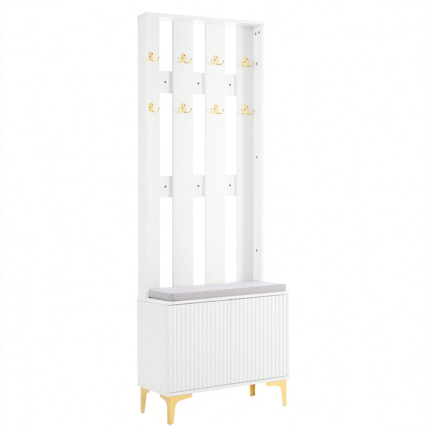 Modern Luxury 4-in-1 Hall Tree Entryway Bench with Cushion Adjustable Shelves Fluted Doors Coat Rack and 8 Gold Hooks Black