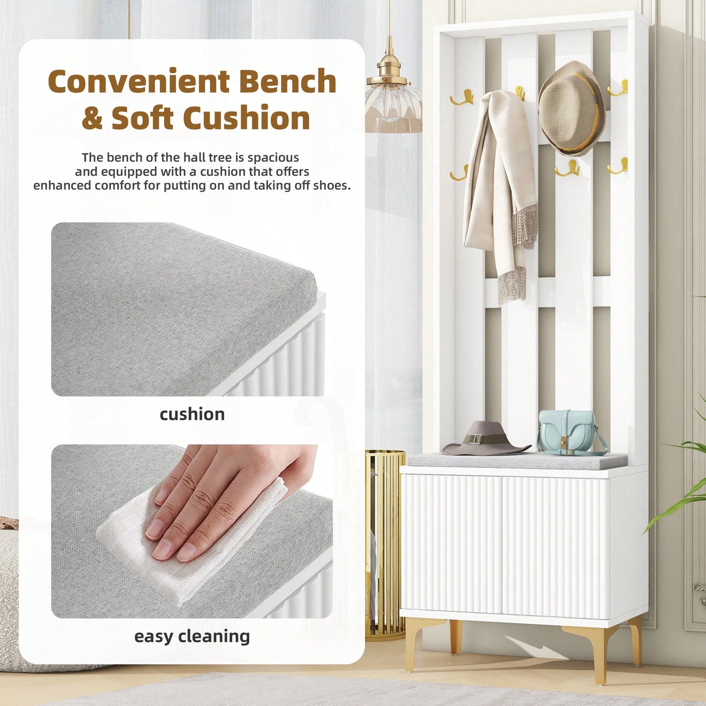 Modern Luxury 4-in-1 Hall Tree Entryway Bench with Cushion Adjustable Shelves Fluted Doors Coat Rack and 8 Gold Hooks Black