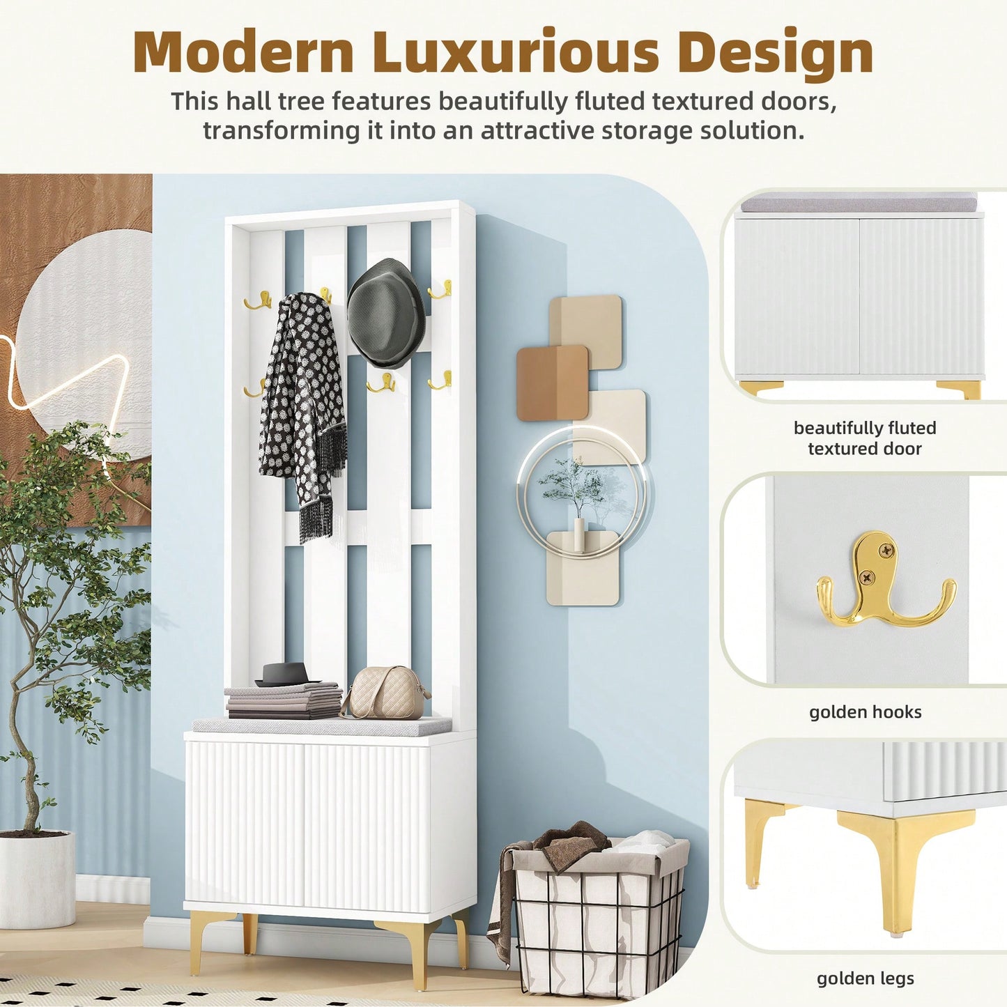 Modern Luxury 4-in-1 Hall Tree Entryway Bench with Cushion Adjustable Shelves Fluted Doors Coat Rack and 8 Gold Hooks Black