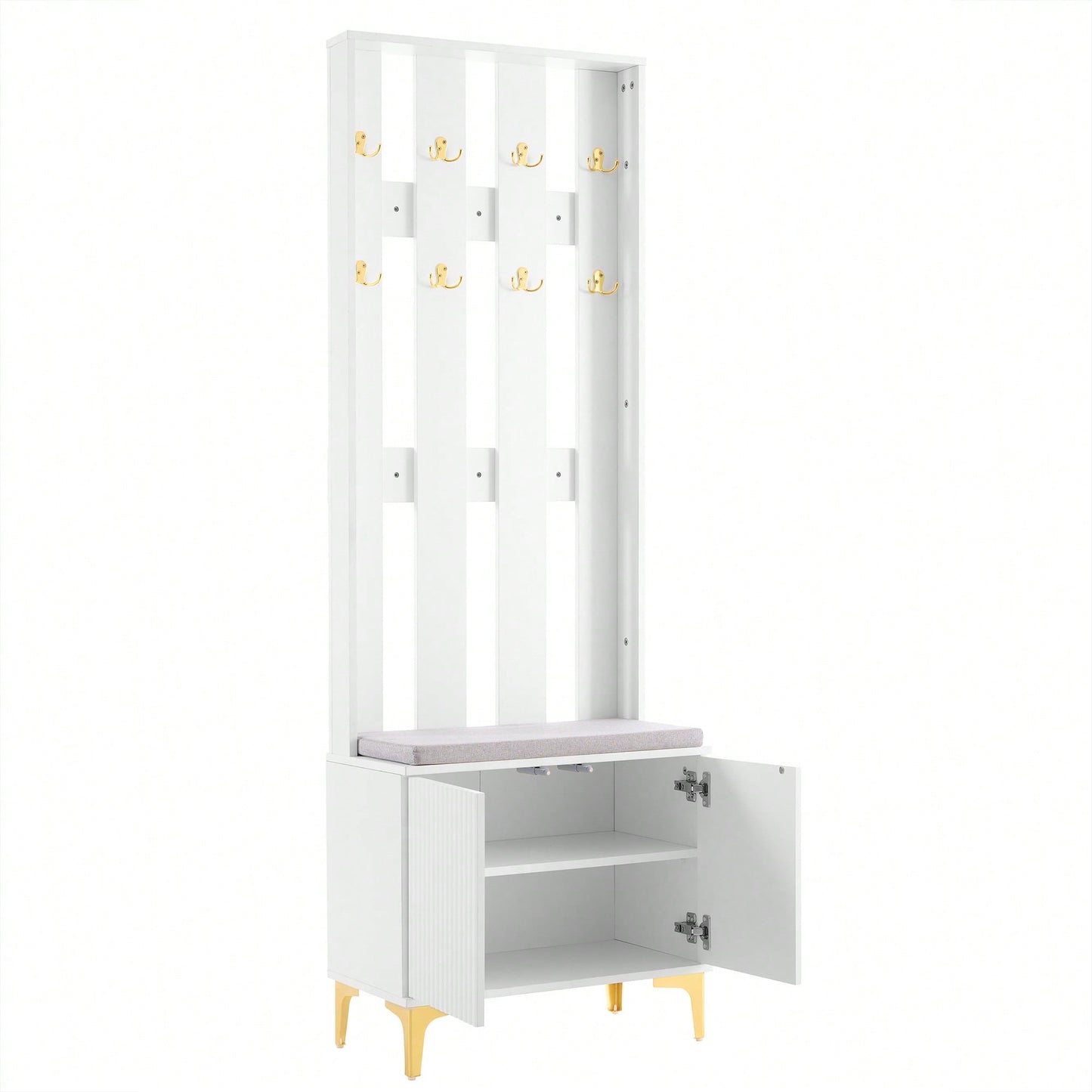 Modern Luxury 4-in-1 Hall Tree Entryway Bench with Cushion Adjustable Shelves Fluted Doors Coat Rack and 8 Gold Hooks Black