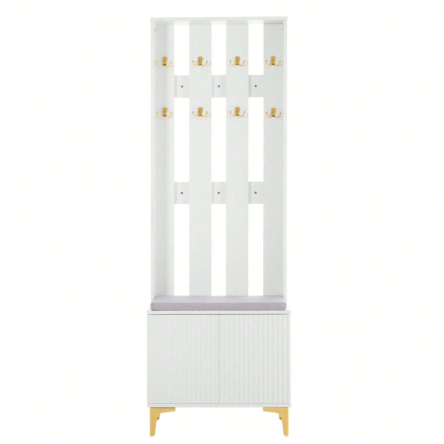 Modern Luxury 4-in-1 Hall Tree Entryway Bench with Cushion Adjustable Shelves Fluted Doors Coat Rack and 8 Gold Hooks Black