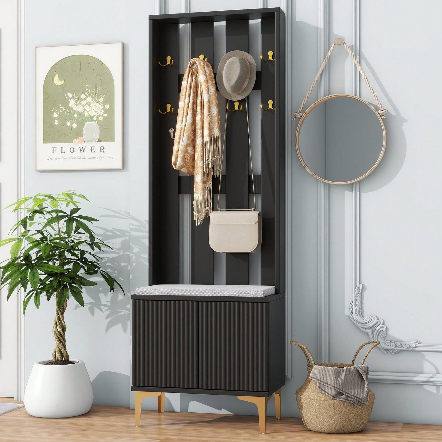 Modern Luxury 4-in-1 Hall Tree Entryway Bench with Cushion Adjustable Shelves Fluted Doors Coat Rack and 8 Gold Hooks Black