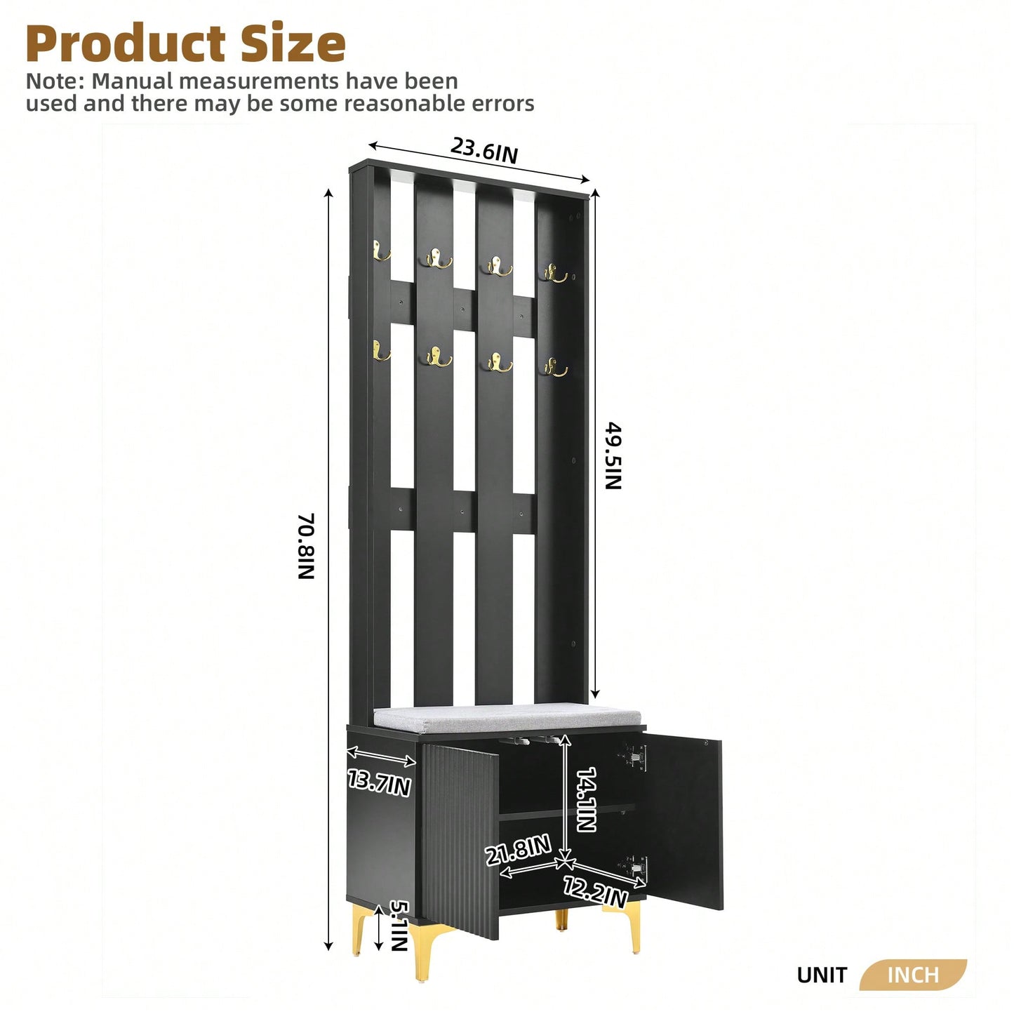 Modern Luxury 4-in-1 Hall Tree Entryway Bench with Cushion Adjustable Shelves Fluted Doors Coat Rack and 8 Gold Hooks Black