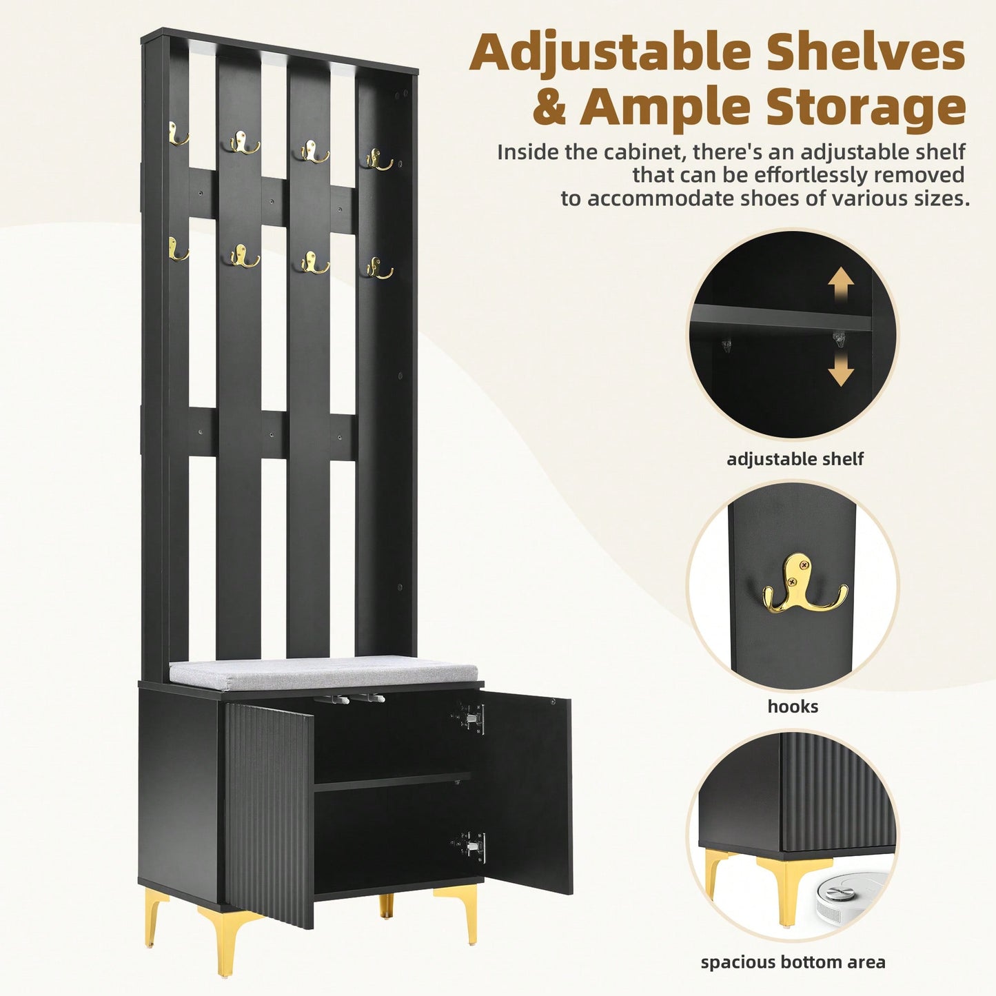 Modern Luxury 4-in-1 Hall Tree Entryway Bench with Cushion Adjustable Shelves Fluted Doors Coat Rack and 8 Gold Hooks Black