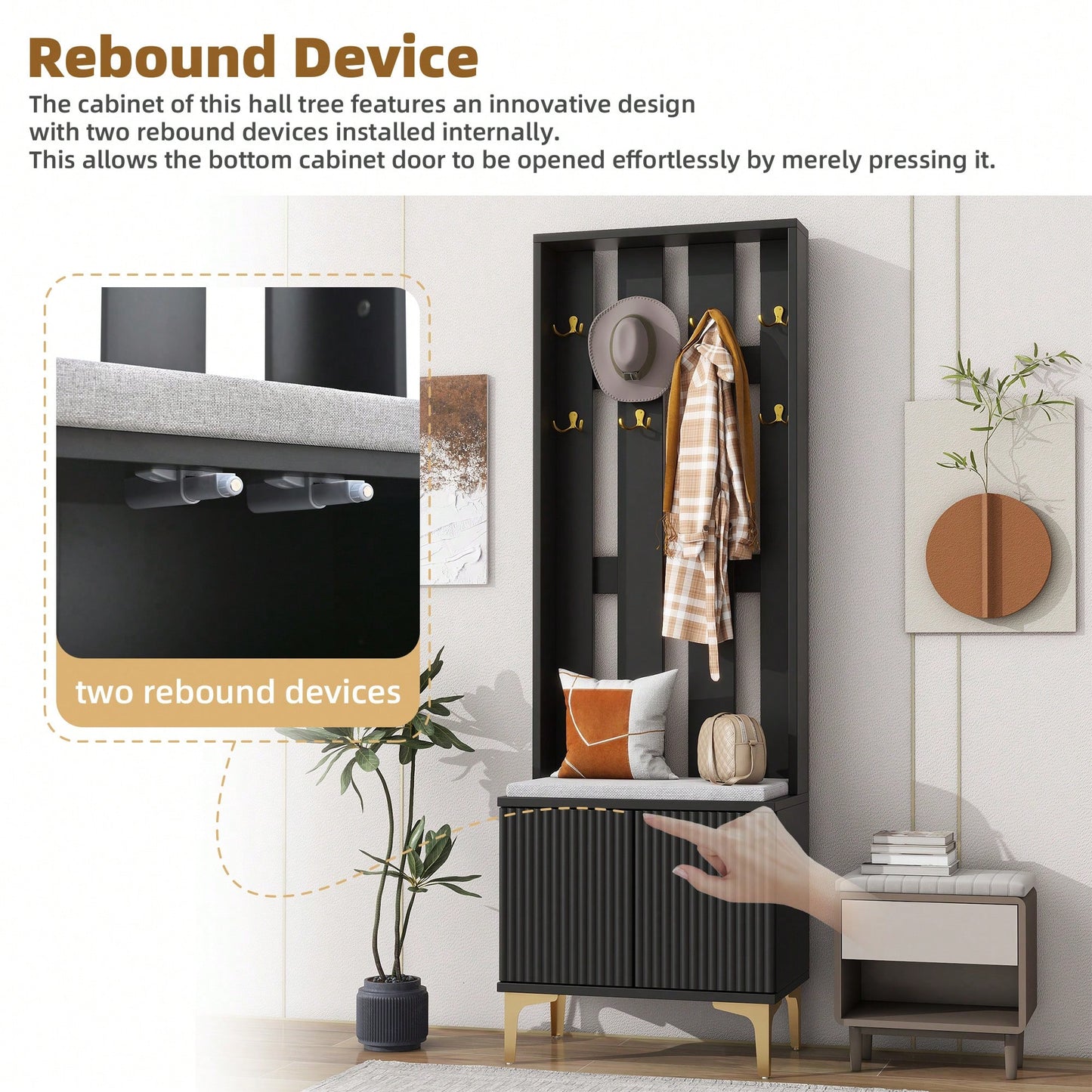 Modern Luxury 4-in-1 Hall Tree Entryway Bench with Cushion Adjustable Shelves Fluted Doors Coat Rack and 8 Gold Hooks Black