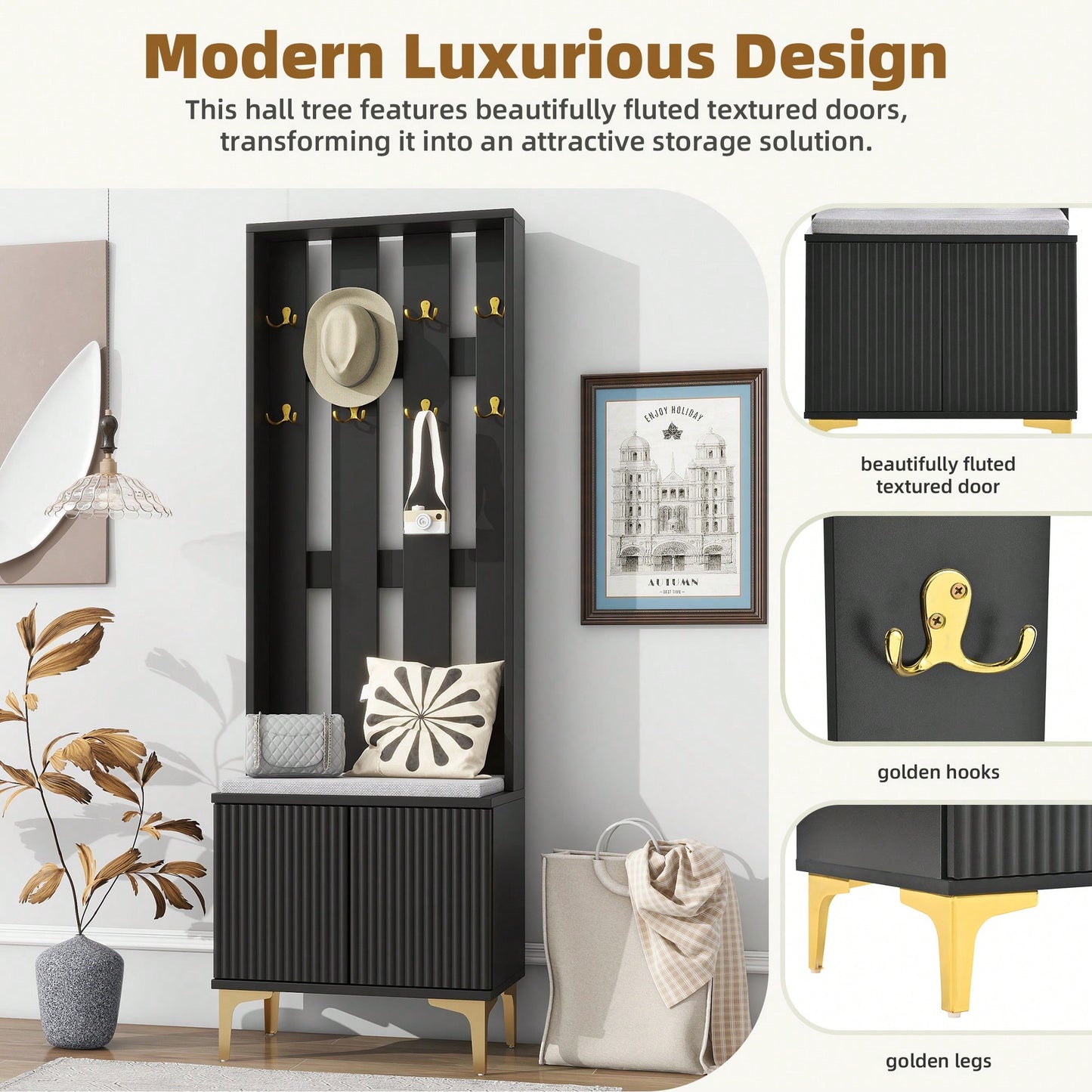 Modern Luxury 4-in-1 Hall Tree Entryway Bench with Cushion Adjustable Shelves Fluted Doors Coat Rack and 8 Gold Hooks Black