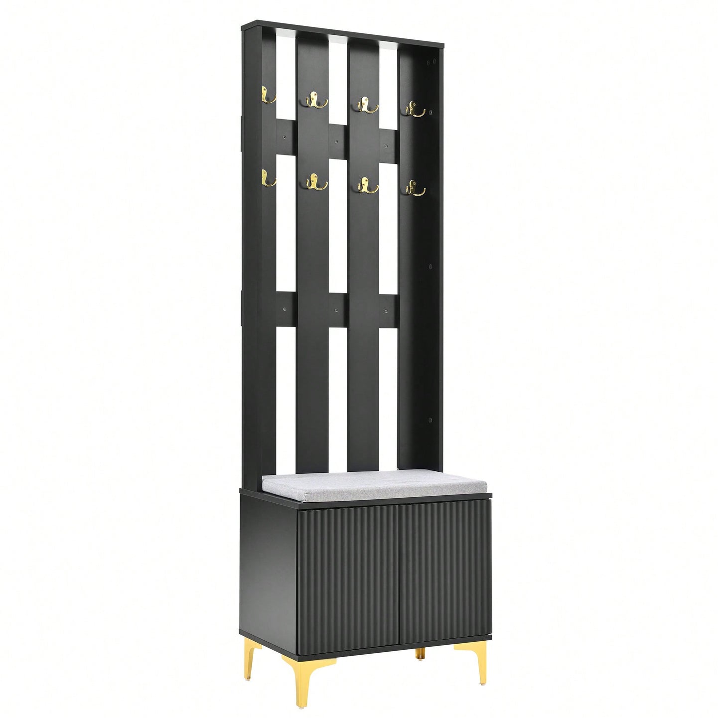 Modern Luxury 4-in-1 Hall Tree Entryway Bench with Cushion Adjustable Shelves Fluted Doors Coat Rack and 8 Gold Hooks Black