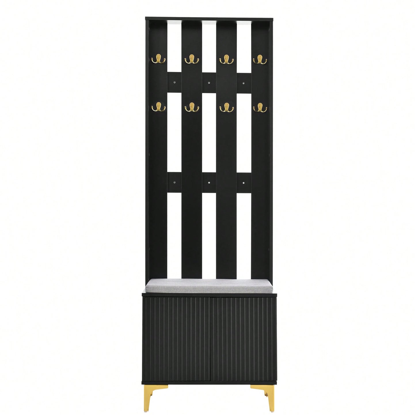 Modern Luxury 4-in-1 Hall Tree Entryway Bench with Cushion Adjustable Shelves Fluted Doors Coat Rack and 8 Gold Hooks Black