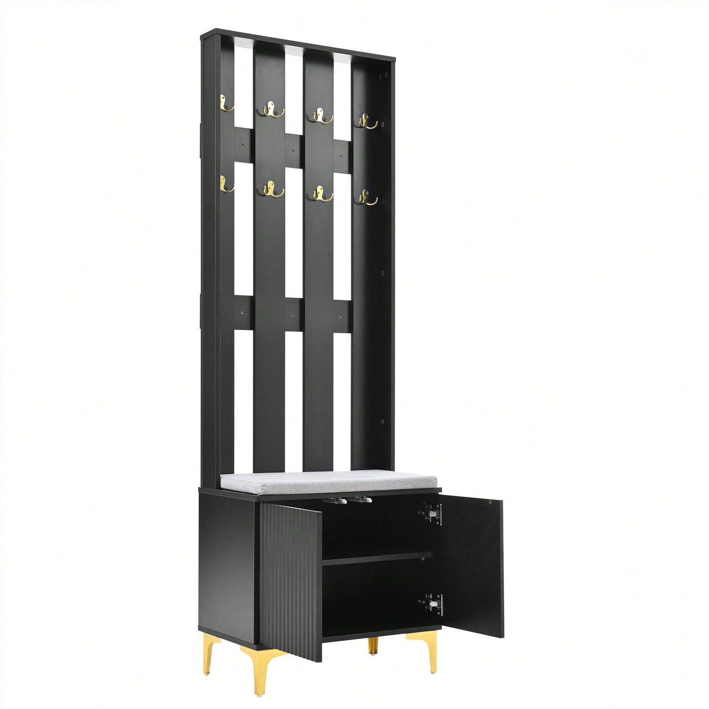 Modern Luxury 4-in-1 Hall Tree Entryway Bench with Cushion Adjustable Shelves Fluted Doors Coat Rack and 8 Gold Hooks Black