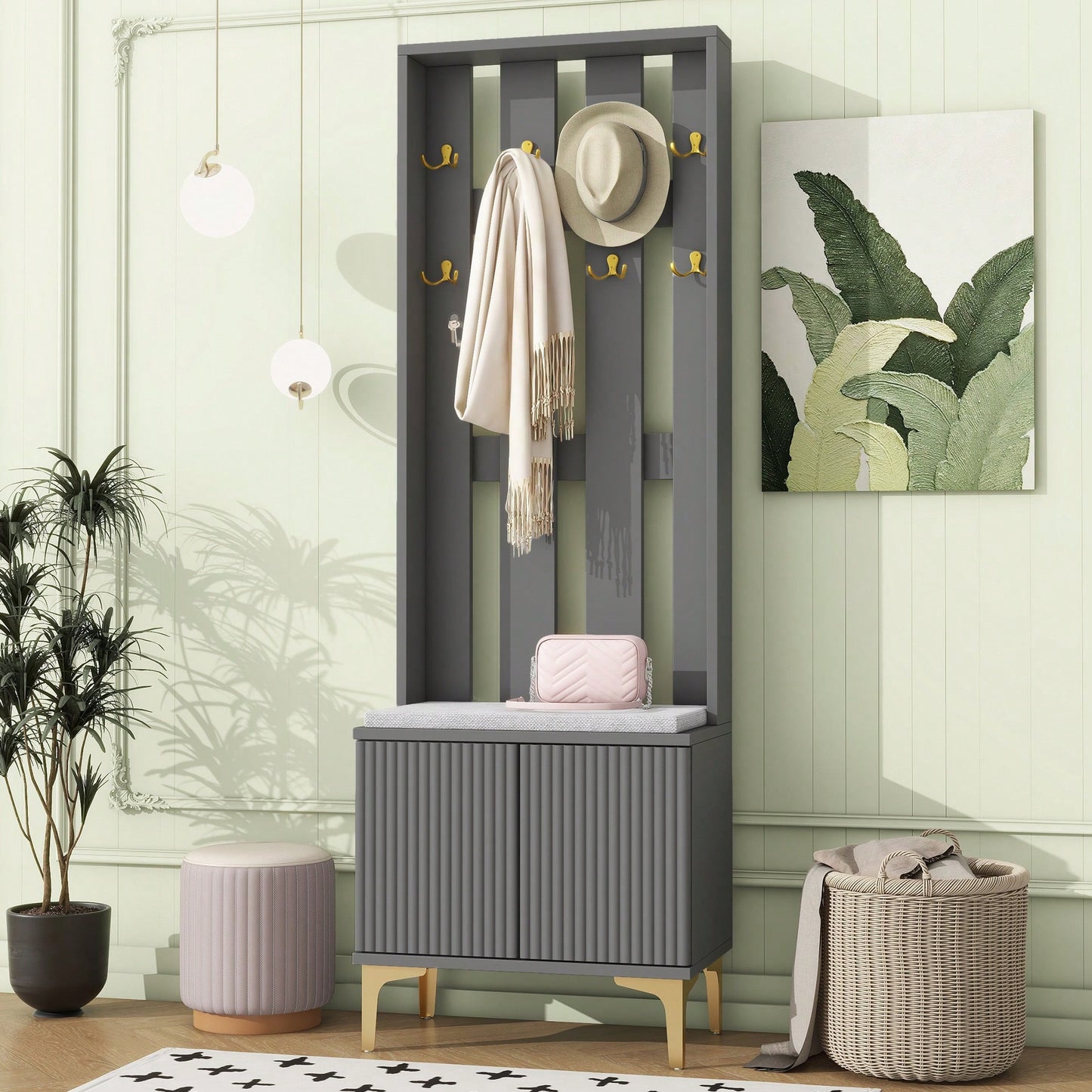 Modern Luxury 4-in-1 Hall Tree Entryway Bench with Cushion Adjustable Shelves Fluted Doors Coat Rack and 8 Gold Hooks Black
