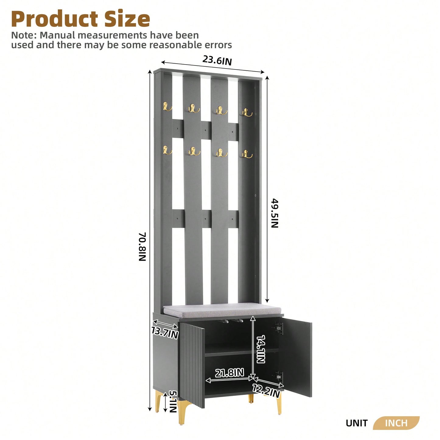 Modern Luxury 4-in-1 Hall Tree Entryway Bench with Cushion Adjustable Shelves Fluted Doors Coat Rack and 8 Gold Hooks Black
