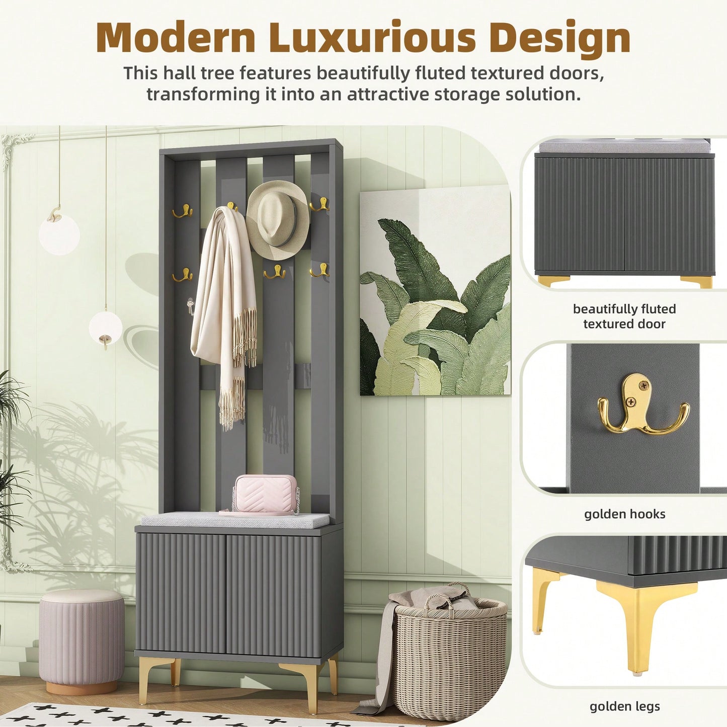 Modern Luxury 4-in-1 Hall Tree Entryway Bench with Cushion Adjustable Shelves Fluted Doors Coat Rack and 8 Gold Hooks Black