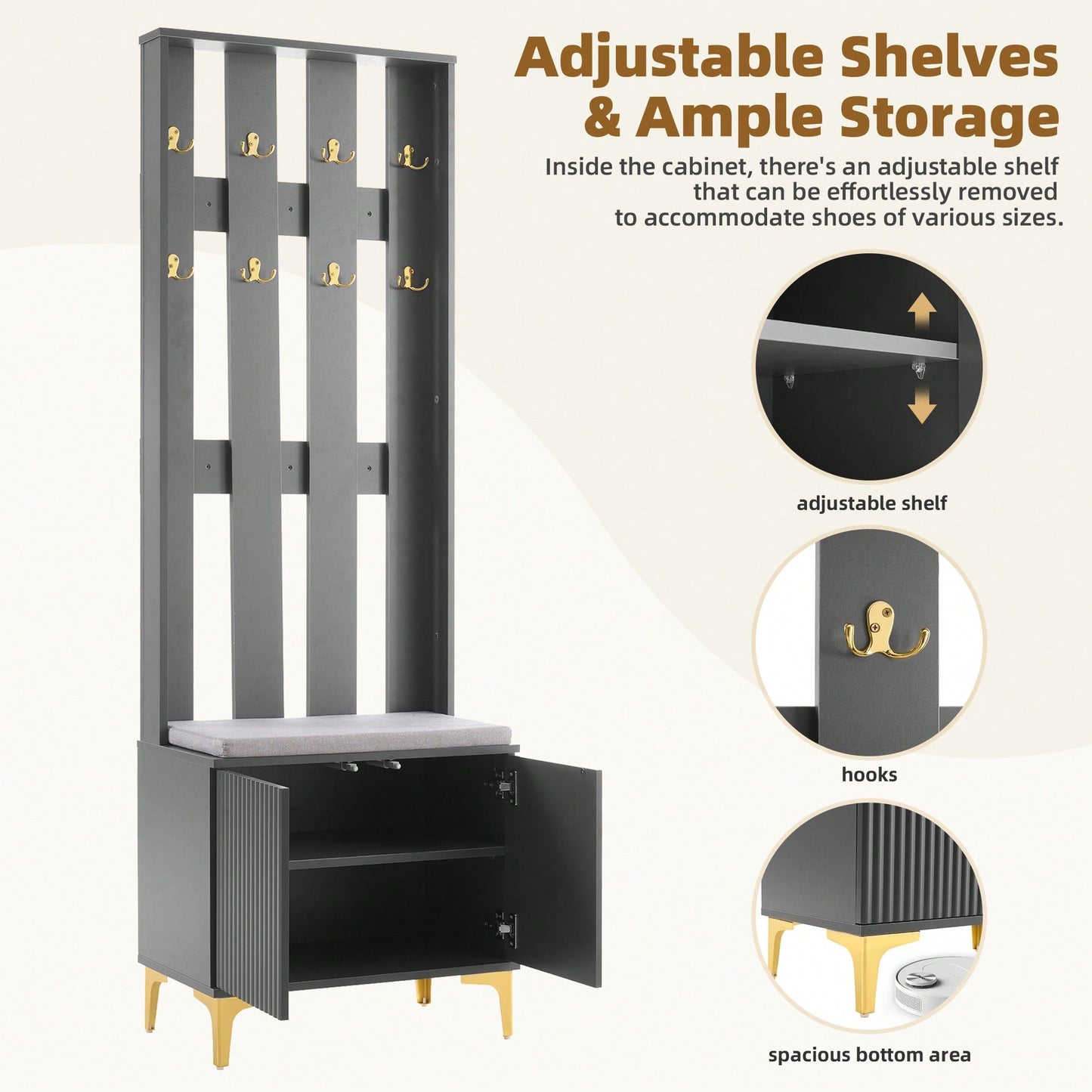 Modern Luxury 4-in-1 Hall Tree Entryway Bench with Cushion Adjustable Shelves Fluted Doors Coat Rack and 8 Gold Hooks Black