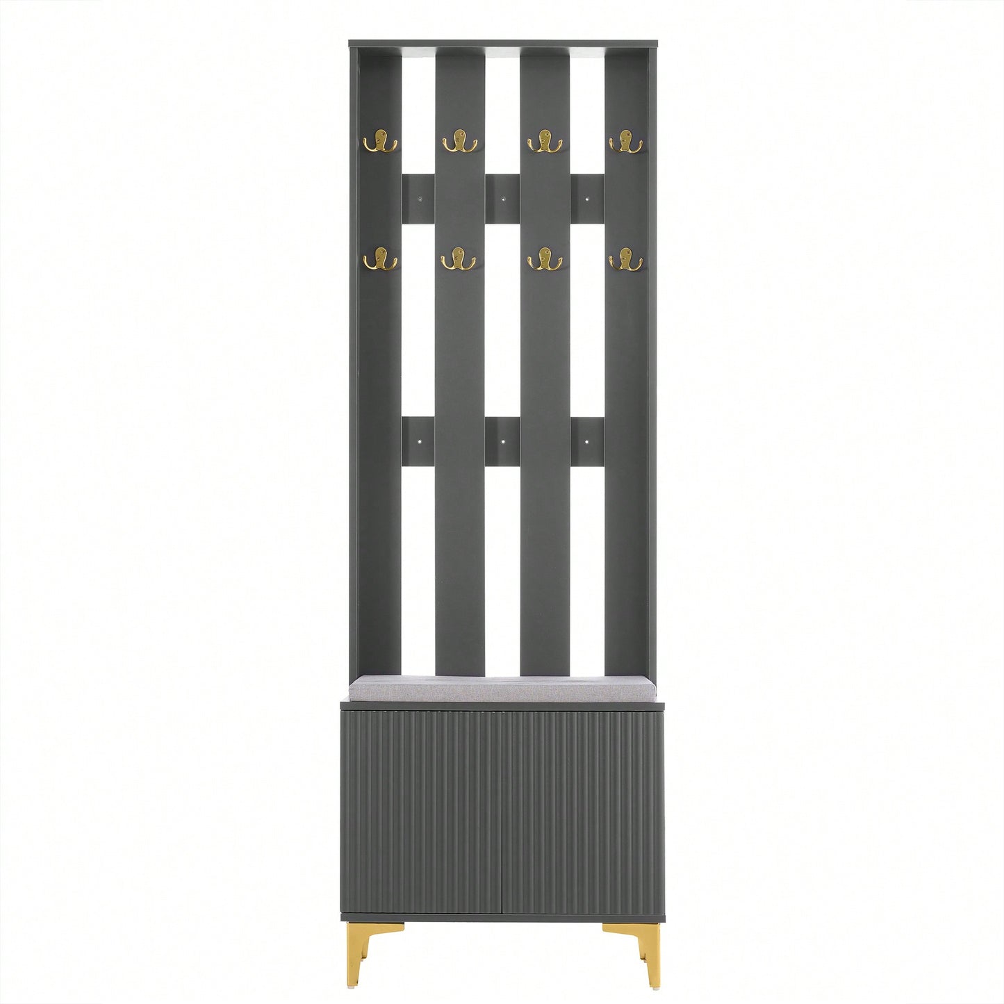 Modern Luxury 4-in-1 Hall Tree Entryway Bench with Cushion Adjustable Shelves Fluted Doors Coat Rack and 8 Gold Hooks Black