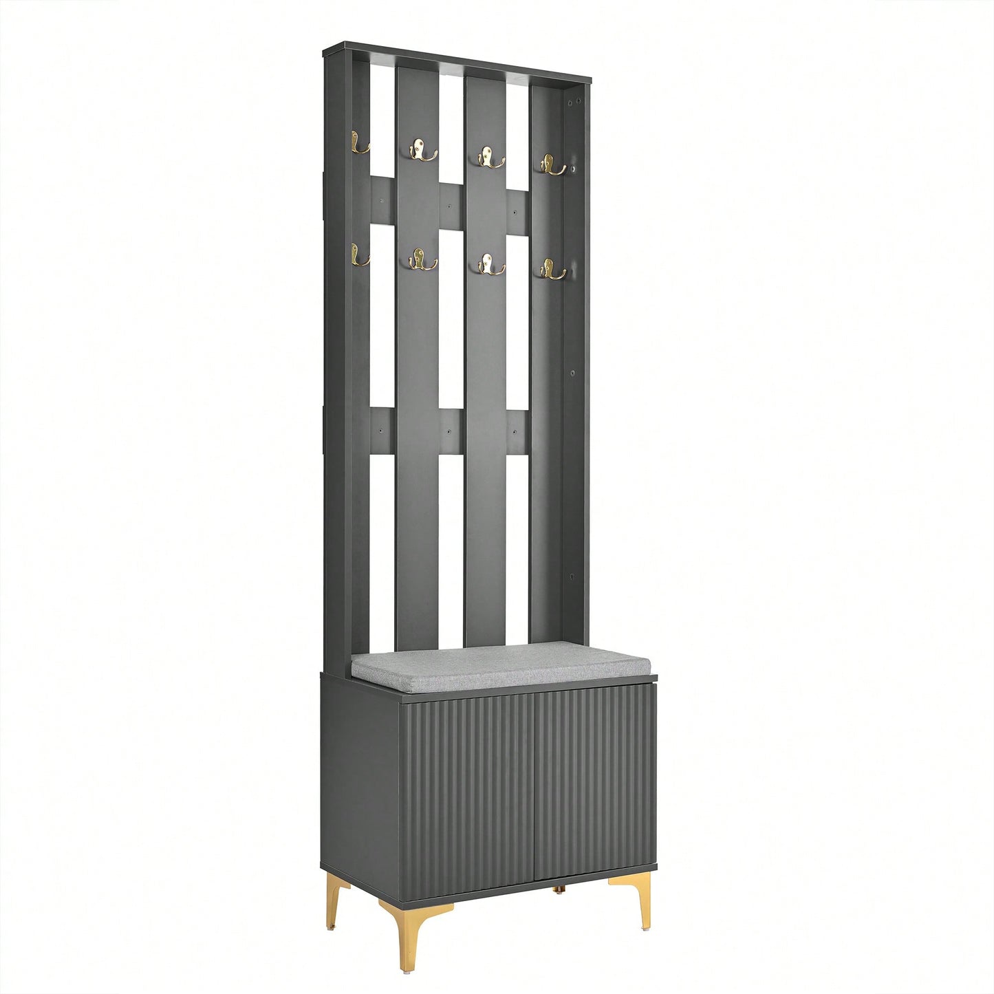 Modern Luxury 4-in-1 Hall Tree Entryway Bench with Cushion Adjustable Shelves Fluted Doors Coat Rack and 8 Gold Hooks Black