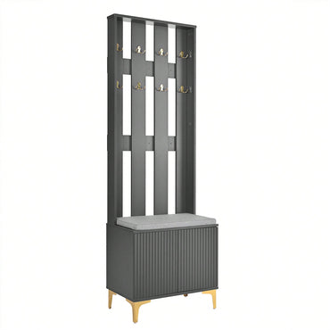 Modern Luxury 4-in-1 Hall Tree Entryway Bench with Cushion Adjustable Shelves Fluted Doors Coat Rack and 8 Gold Hooks Black