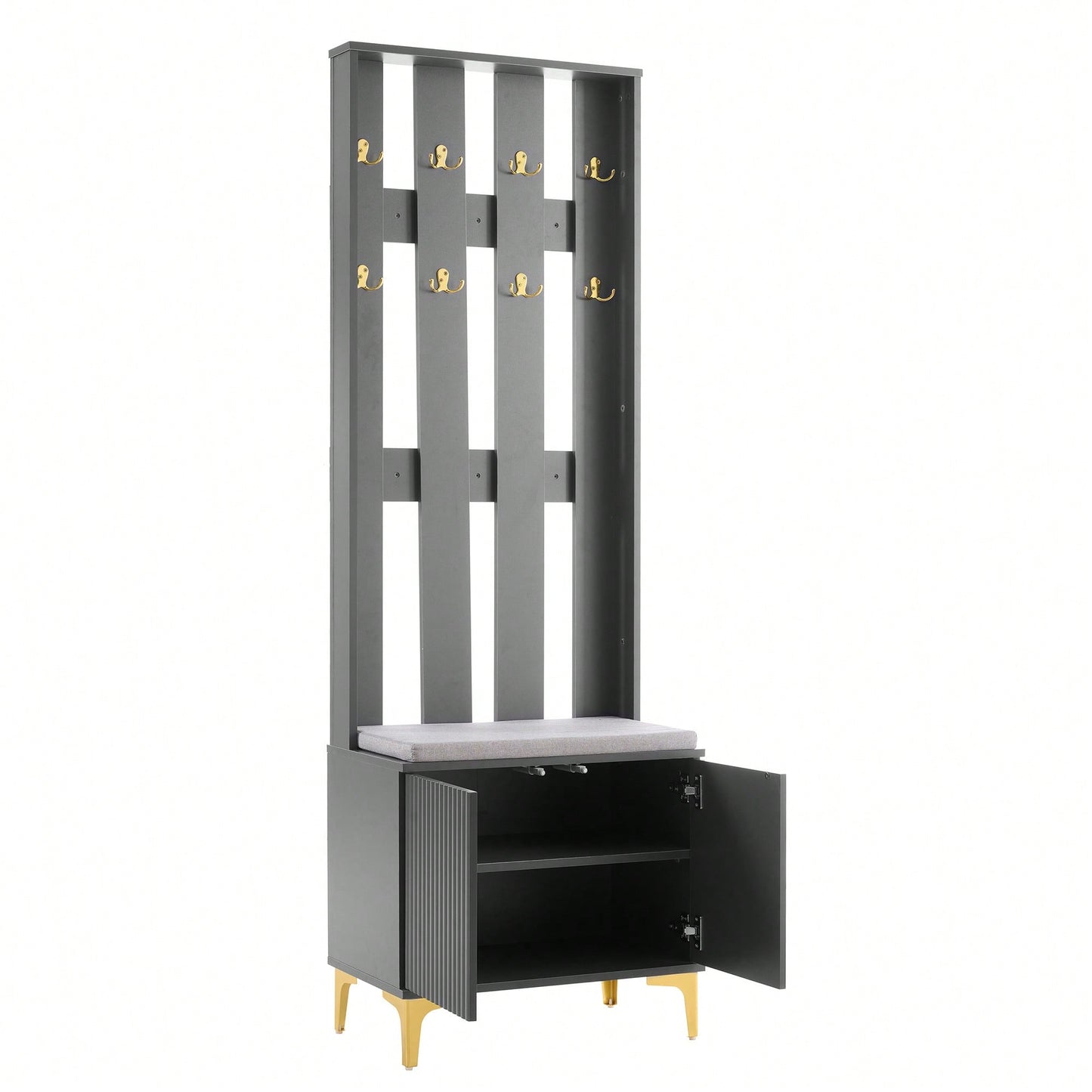 Modern Luxury 4-in-1 Hall Tree Entryway Bench with Cushion Adjustable Shelves Fluted Doors Coat Rack and 8 Gold Hooks Black