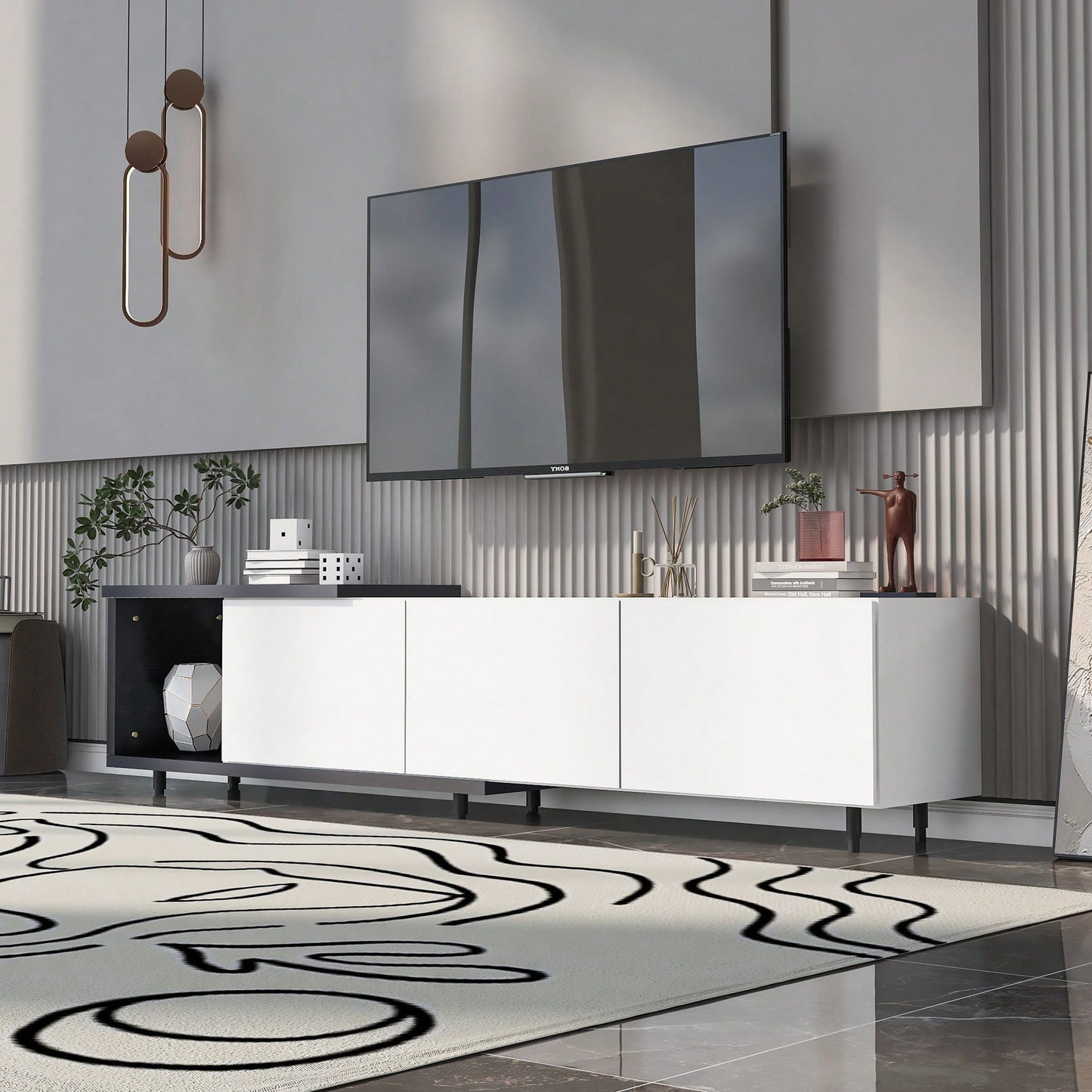 Modern Extendable TV Stand For 80 Inch And Larger TVs Stylish Black And White Design
