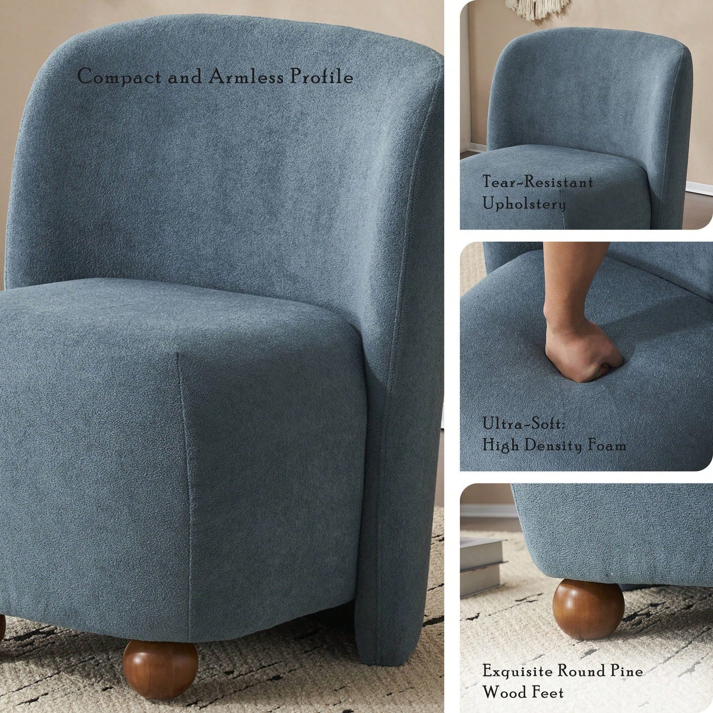 Ultra-Soft Low-Back Armless Accent Chair with Skin-Friendly Upholstery and Round Pine Wood Feet for Small Spaces Bedroom Office Blue