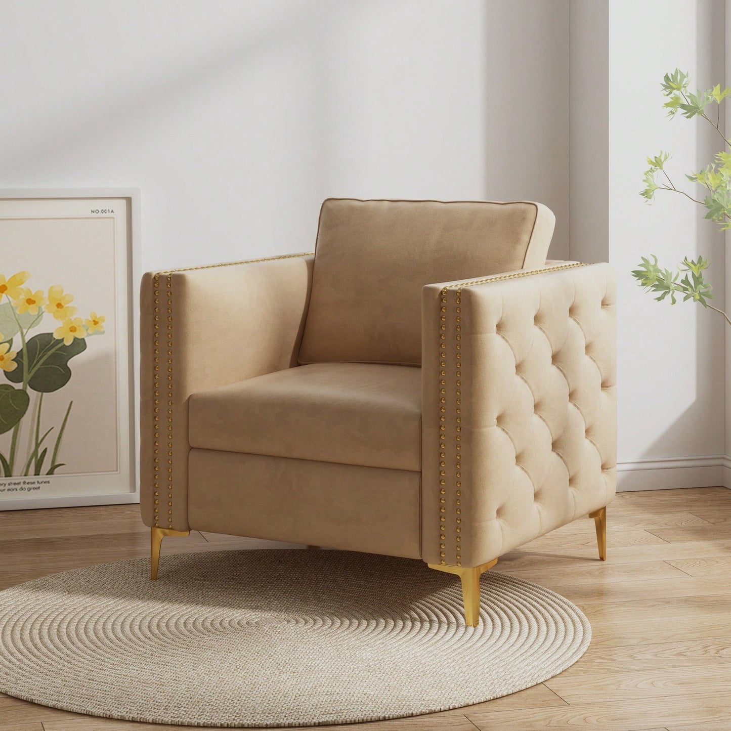 Elegant Beige Velvet Upholstered Accent Chair With Metal Legs For Living Room