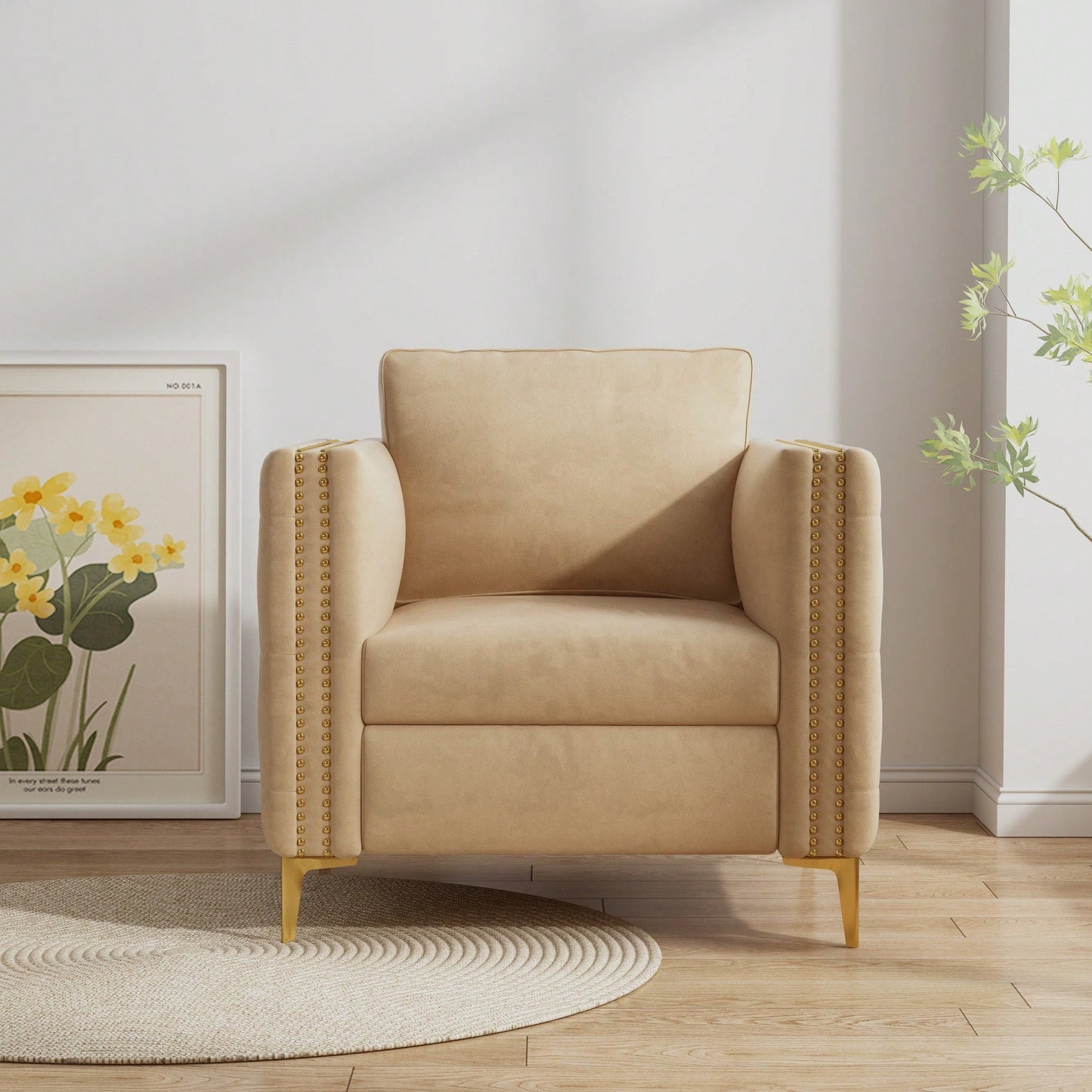 Elegant Beige Velvet Upholstered Accent Chair With Metal Legs For Living Room