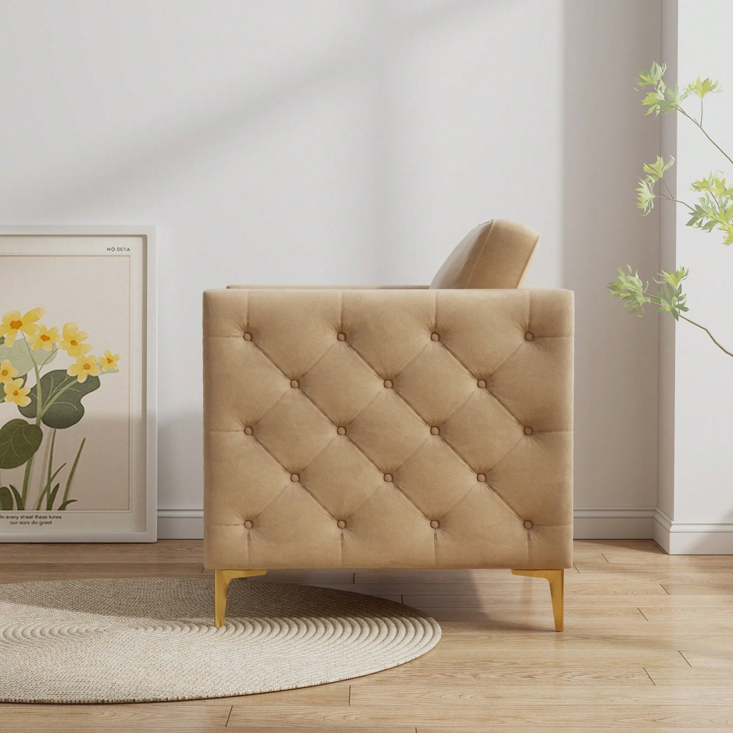 Elegant Beige Velvet Upholstered Accent Chair With Metal Legs For Living Room