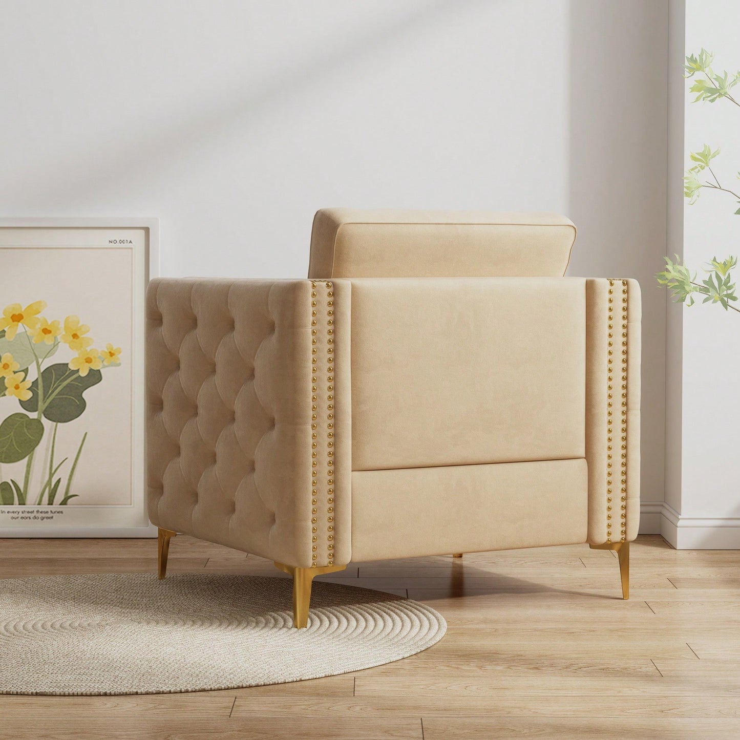 Elegant Beige Velvet Upholstered Accent Chair With Metal Legs For Living Room