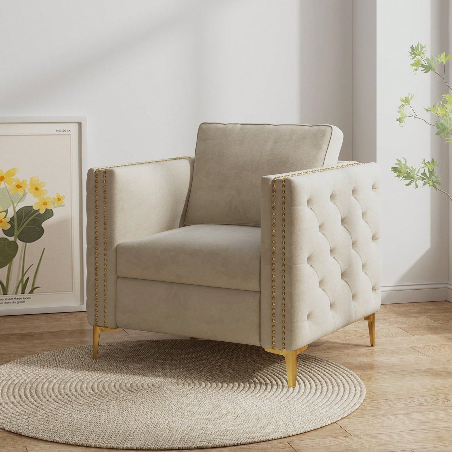 Elegant Beige Velvet Upholstered Accent Chair With Metal Legs For Living Room