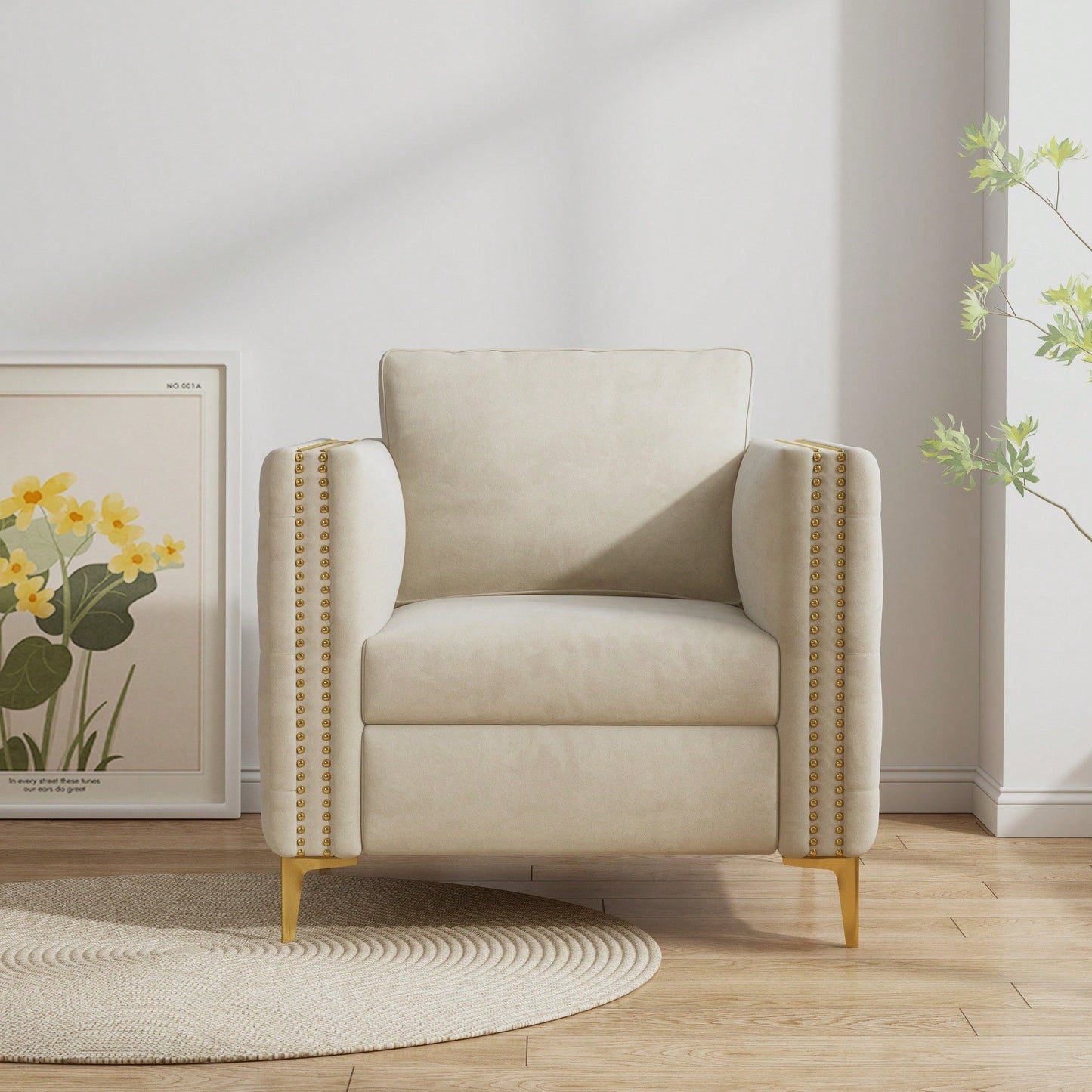 Elegant Beige Velvet Upholstered Accent Chair With Metal Legs For Living Room