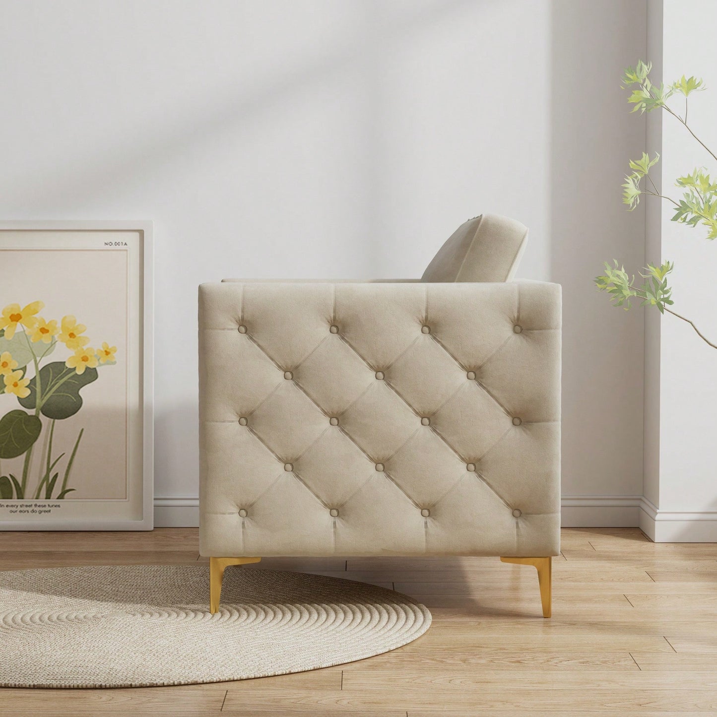 Elegant Beige Velvet Upholstered Accent Chair With Metal Legs For Living Room
