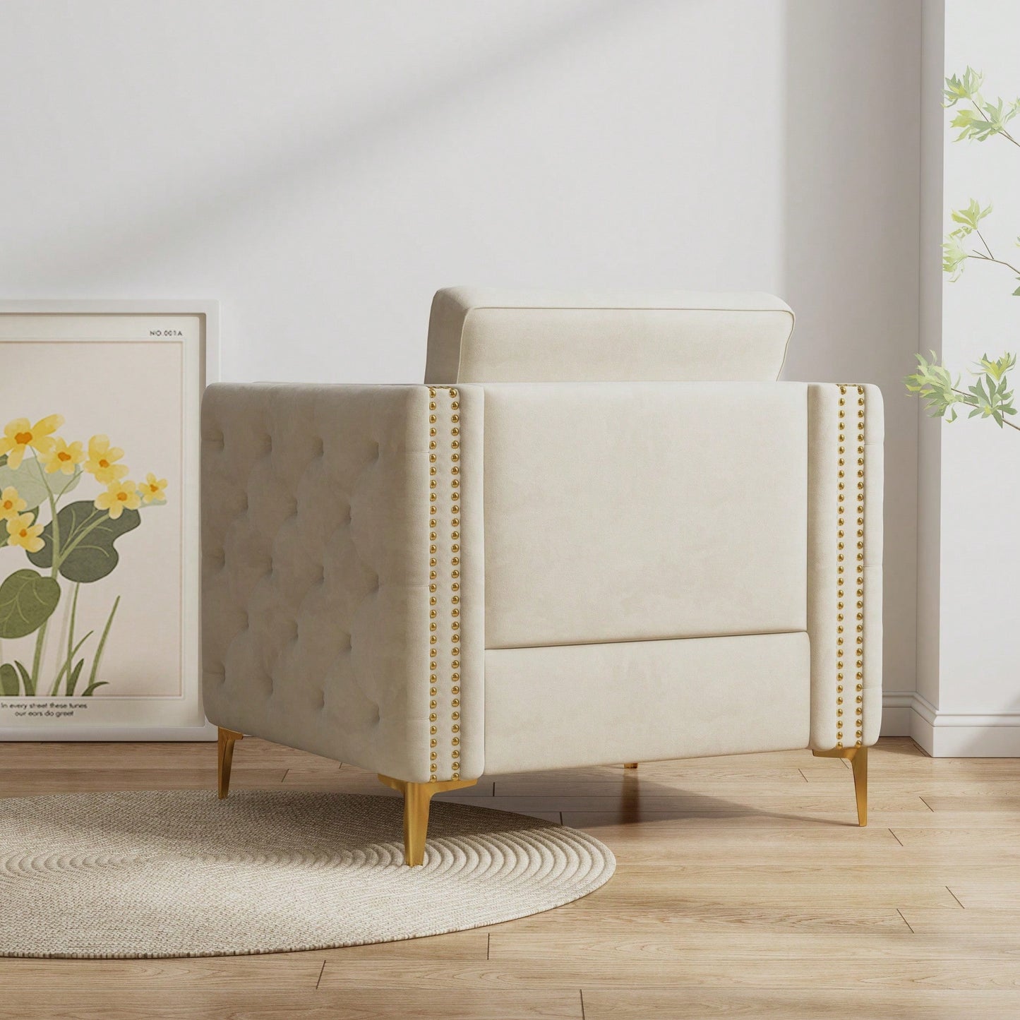 Elegant Beige Velvet Upholstered Accent Chair With Metal Legs For Living Room
