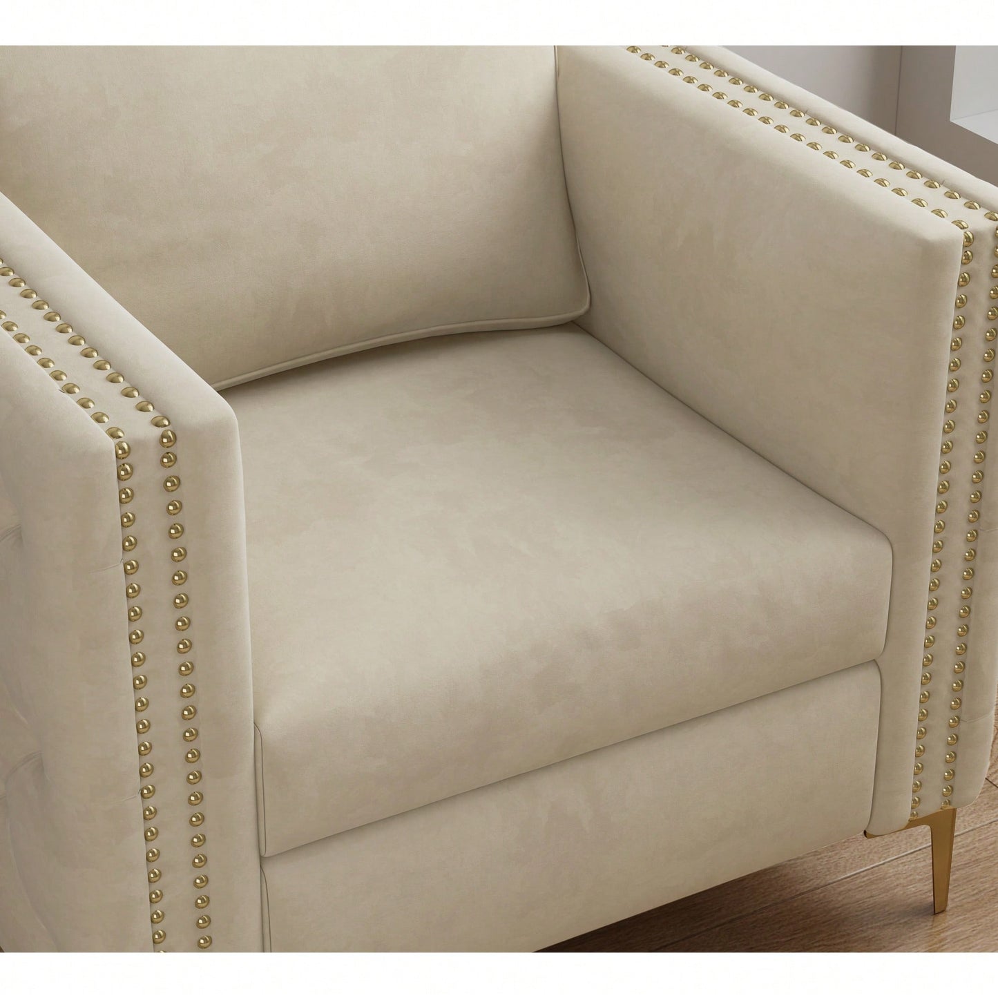Elegant Beige Velvet Upholstered Accent Chair With Metal Legs For Living Room