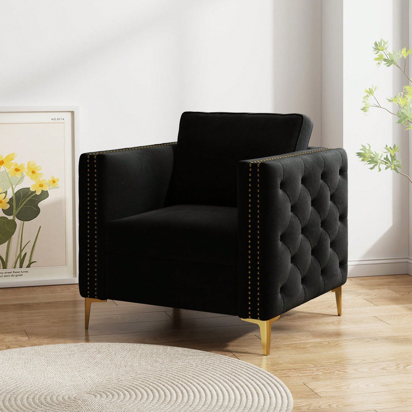 Elegant Beige Velvet Upholstered Accent Chair With Metal Legs For Living Room