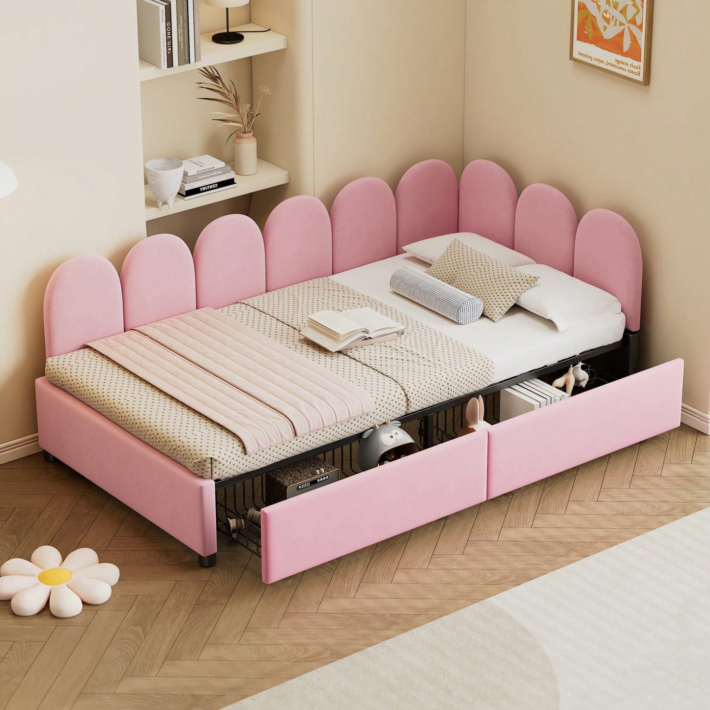 Velvet Twin Size Upholstered Daybed With 2 Storage Drawers And Soft Fabric Headboard No Box Spring Required Beige