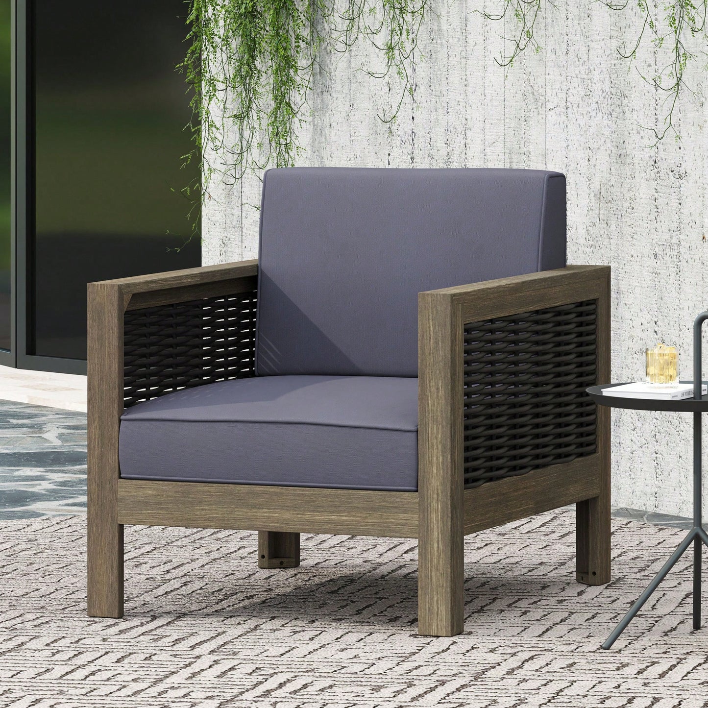 Outdoor Acacia Wood Club Chair With Wicker Accents In Gray Mixed Gray And Brown