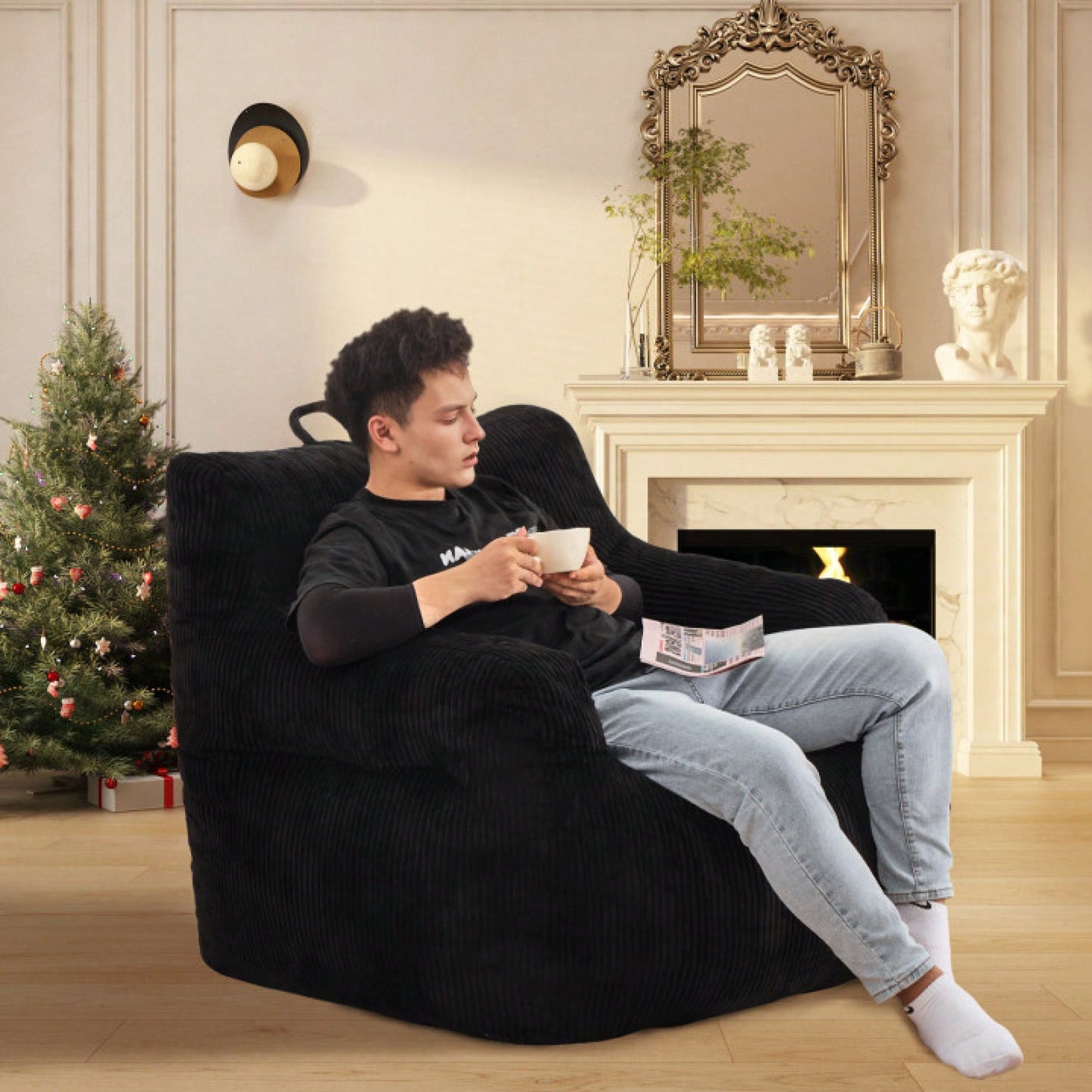 Oversized Memory Foam Bean Bag Chair With Armrests For Adults - Cozy Lounge Chair For Bedroom, Living Room, And Office