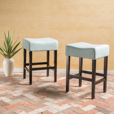 Set Of 2 Light Blue Backless Leather Counter Height Barstools For Modern Home Decor
