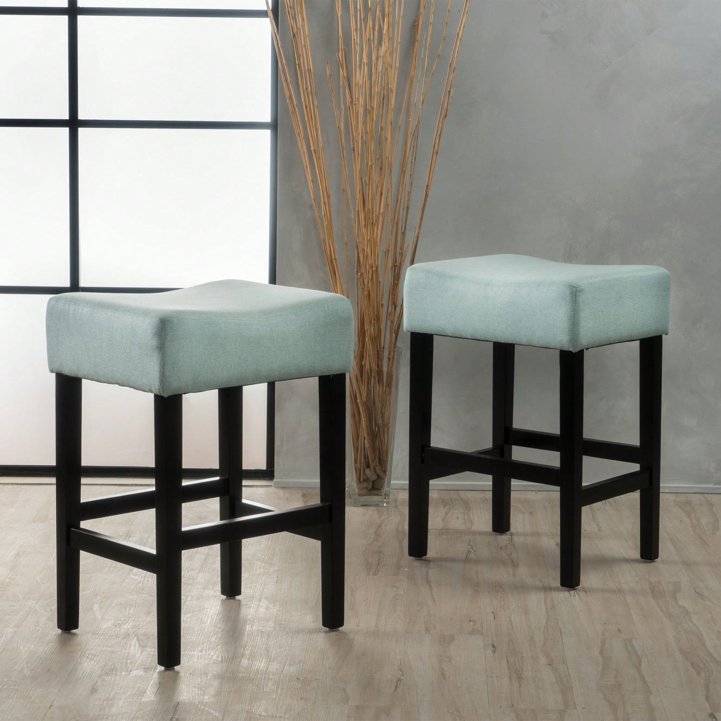 Set Of 2 Light Blue Backless Leather Counter Height Barstools For Modern Home Decor